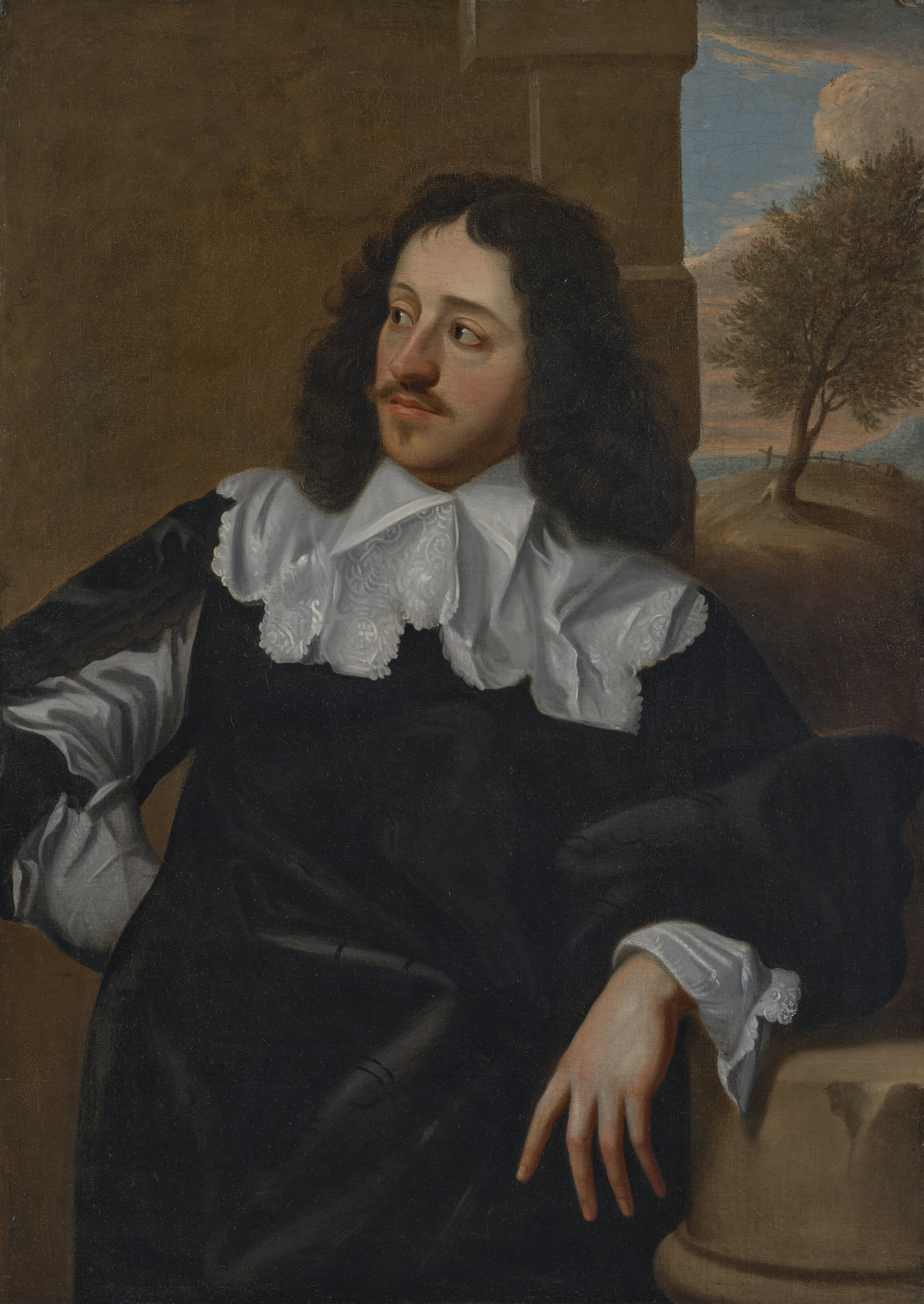 Anthony van Dyck — Портрет джентльмена, традиционно идентифицируемого как сэр Джон Пенраддок (ок.1591-1648), стоящего в три четверти роста, в черном костюме с белым воротничком и рукавами, опирающегося на каменный пьедестал, на фоне пейзажа, изображение 2