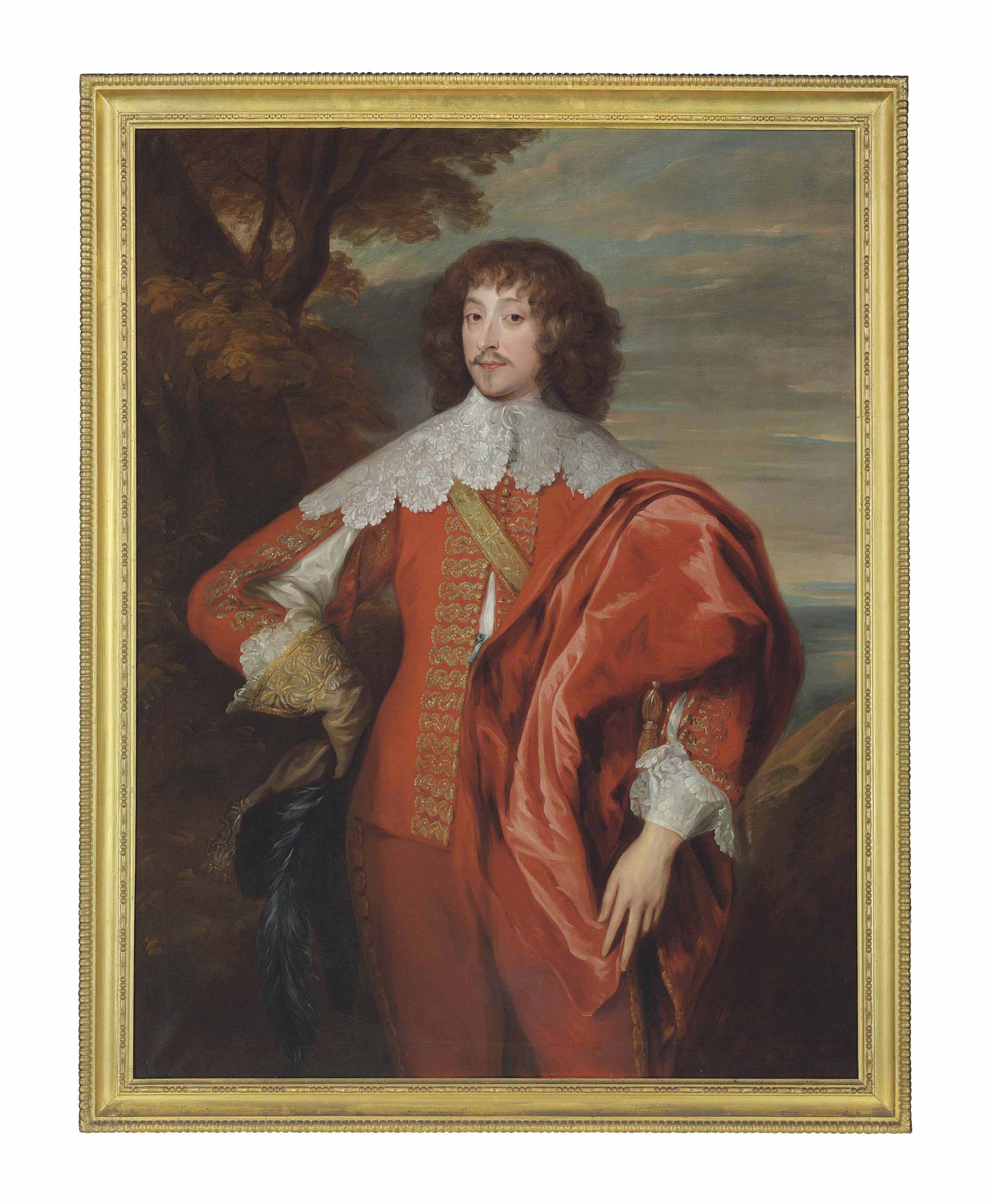 Anthony van Dyck — Портрет Уильяма Вильерса, 2-го виконта Грандисона (1614-1643), в три четверти роста, в расшитом красным и золотом камзоле с широким кружевным воротником и красном плаще