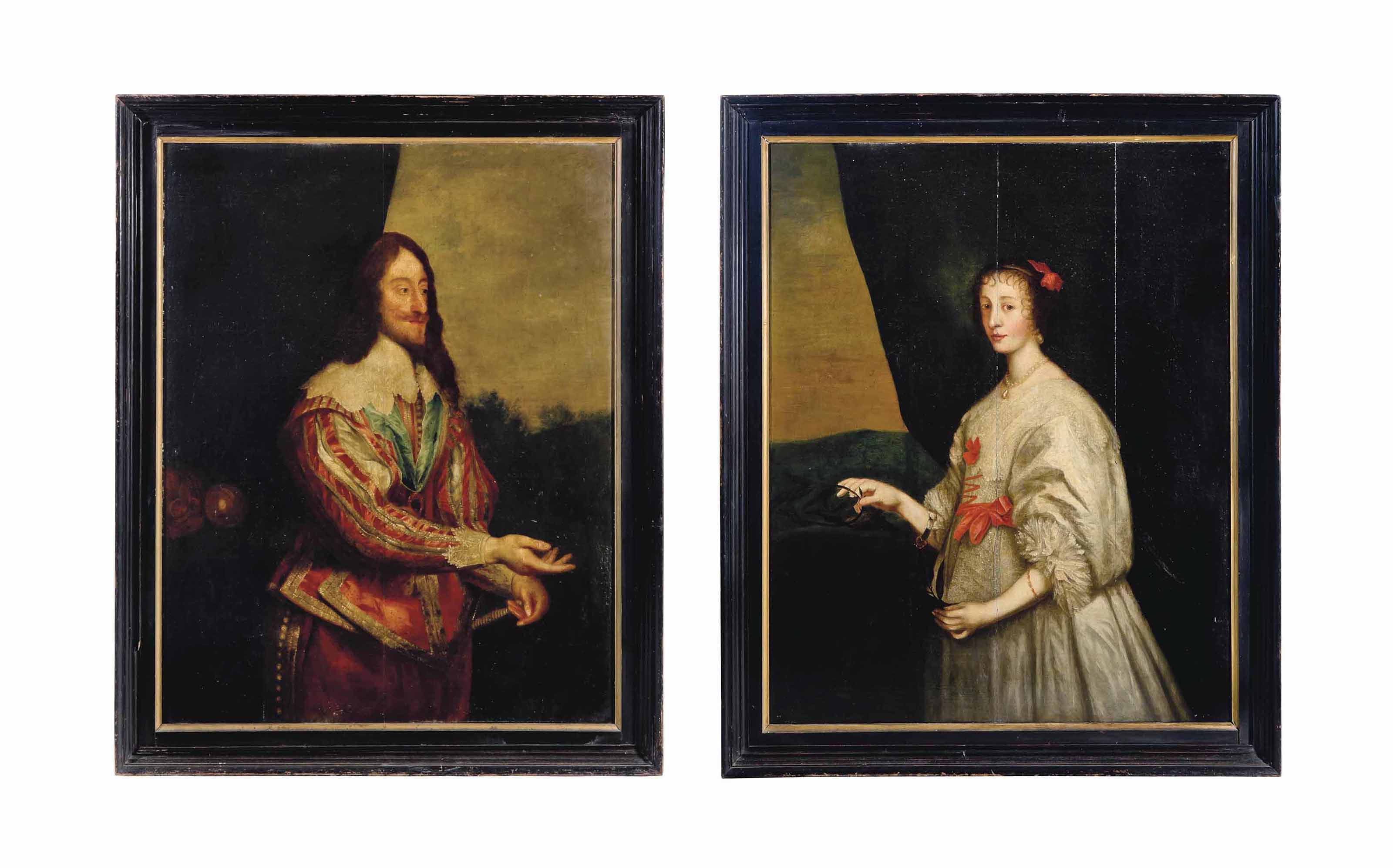 Anthony van Dyck — Портрет короля Карла I (1600-1649), стоящего в три четверти роста, в алом камзоле с разрезом и голубой лентой; и портрет королевы Генриетты Марии (1609-1669), стоящей в три четверти роста, в белом платье с красными бантами.
