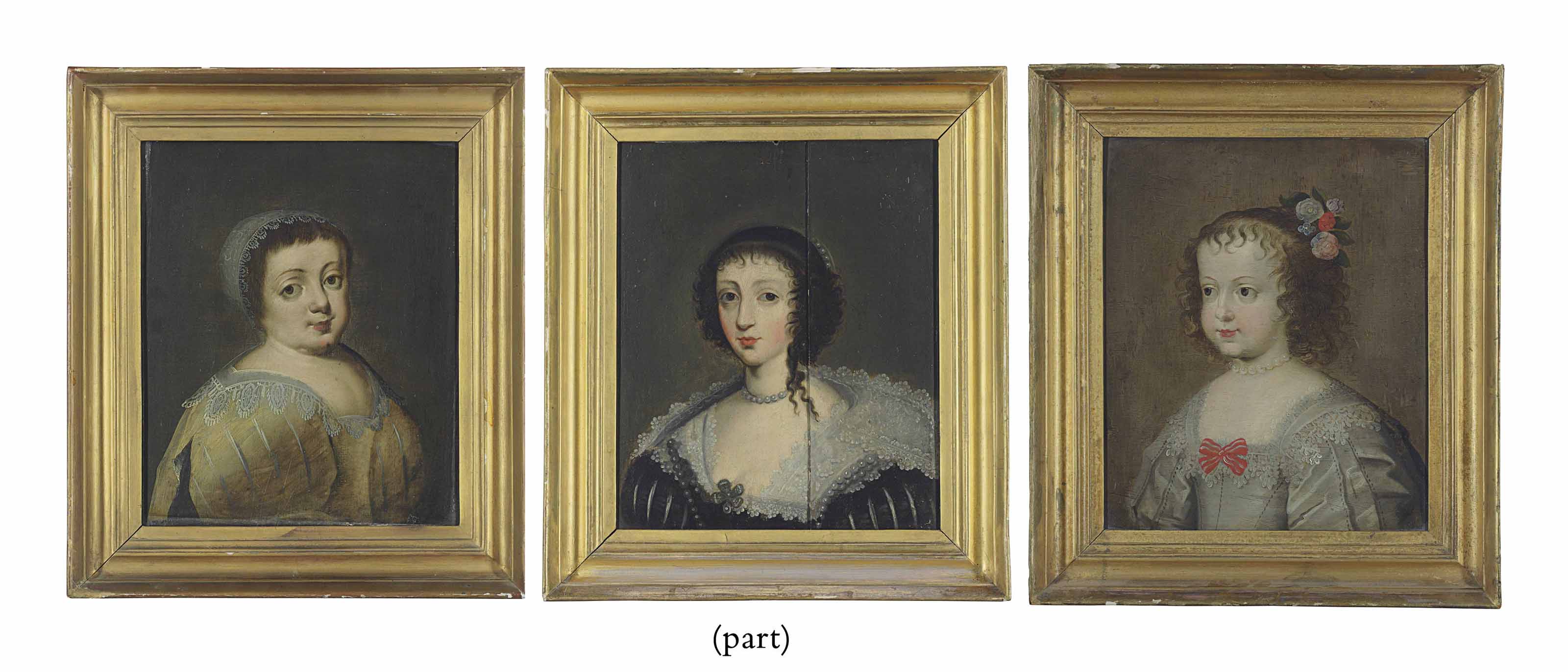 Anthony van Dyck — Портрет королевы Генриетты Марии (1609-1669), во весь рост, в черном платье с кружевным воротничком; Портрет принцессы Марии, во весь рост, в серебристом шелковом платье с красной лентой; и три других портрета в старинных костюмах, выполненных другими художниками