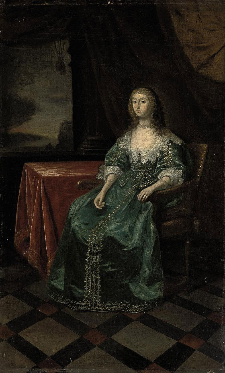 Anthony van Dyck — Портрет сидящей дамы в полный рост, в голубом платье, в интерьере, на фоне пейзажа