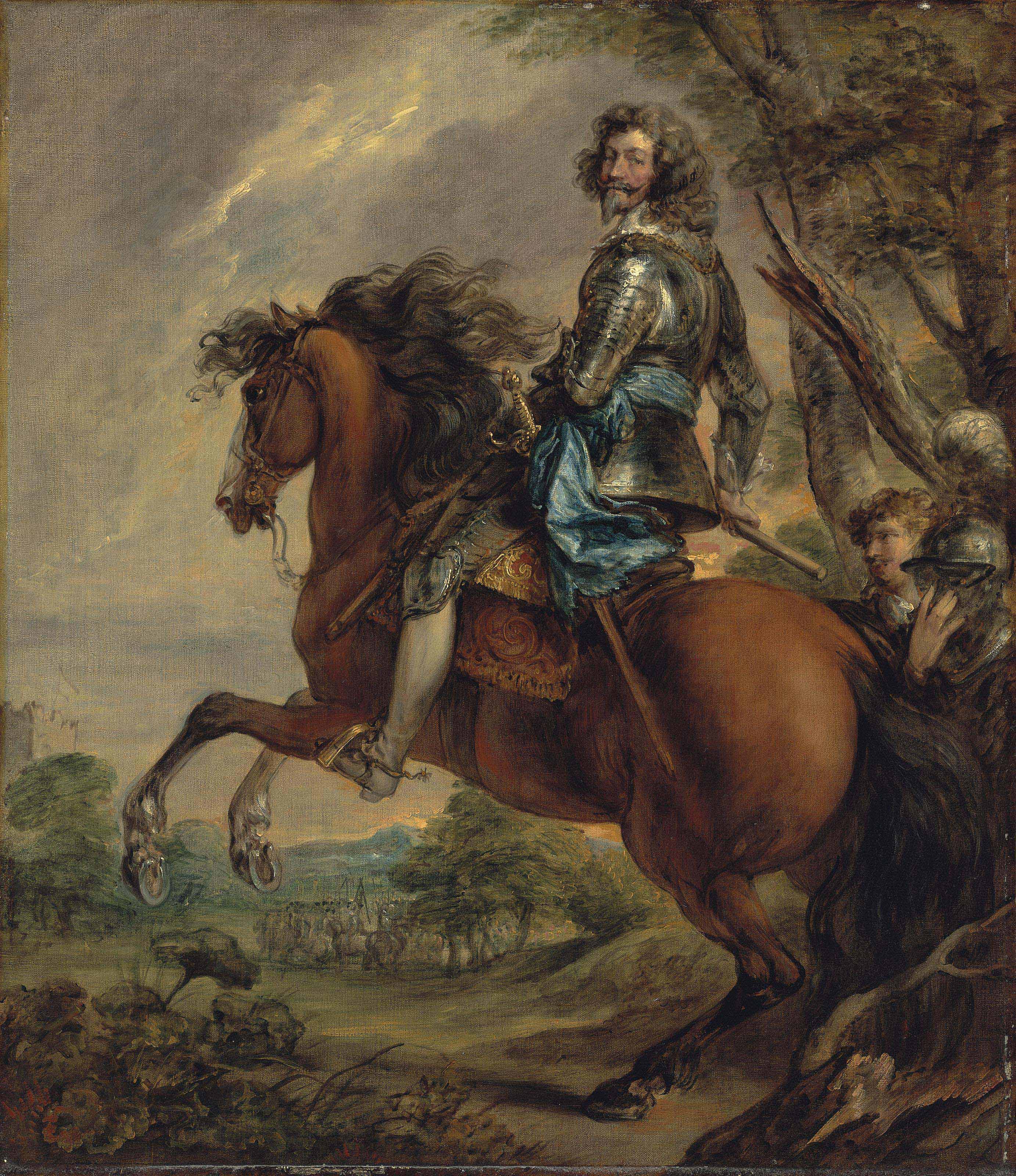 Anthony van Dyck — Конный портрет Альберта, герцога Аренбергского, принца Барбонсонского (1600-1674), в доспехах, с синим поясом, на фоне лесистого пейзажа и поля битвы за ним, по мотивам сэра Энтони ван Дейка.