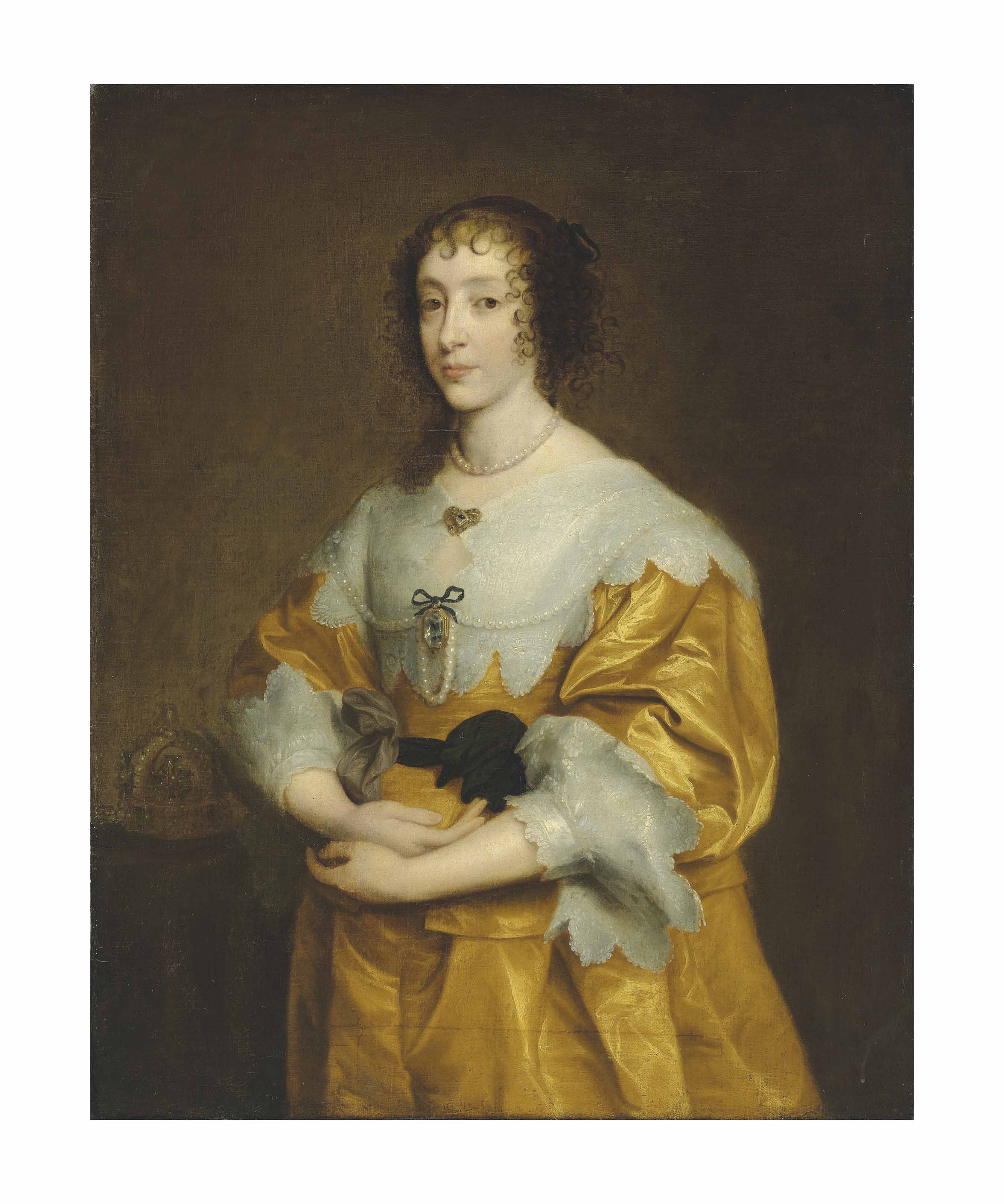 Anthony van Dyck — Портрет королевы Генриетты Марии (1609-1669), рост в три четверти, в золотистом атласном платье с кружевным воротником и манжетами