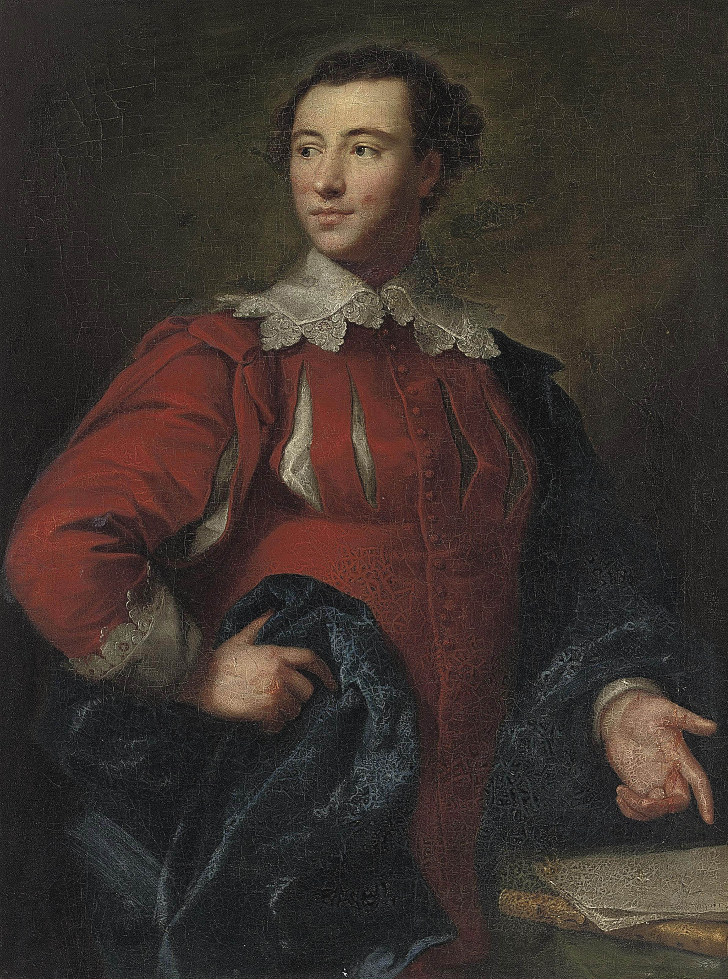 Anton Raphael Mengs — Портрет Чарльза Макдоннелла (1736-1773), в полный рост, в костюме Ван Дейка, указывающего на бумаги на каменном выступе