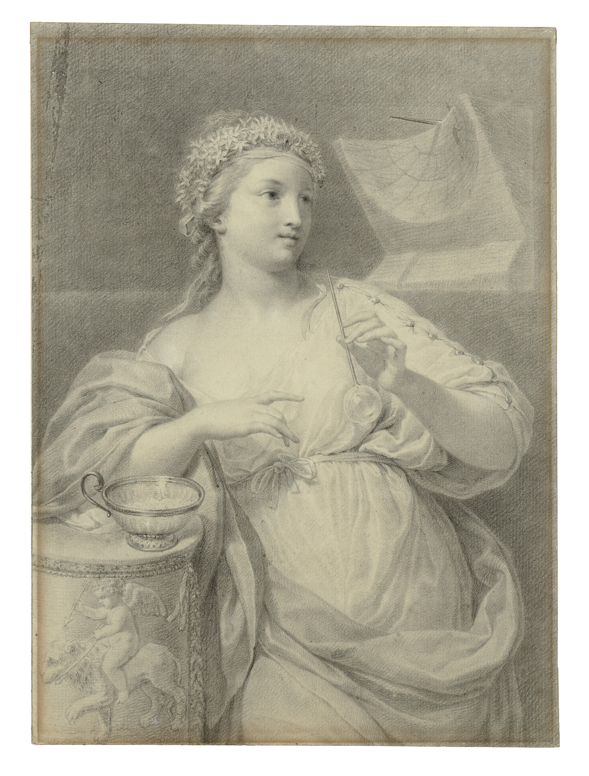 Anton Raphael Mengs — Греческая танцовщица: молодая девушка, прислонившаяся к классическому постаменту, окруженная атрибутами, намекающими на быстротечность жизни
