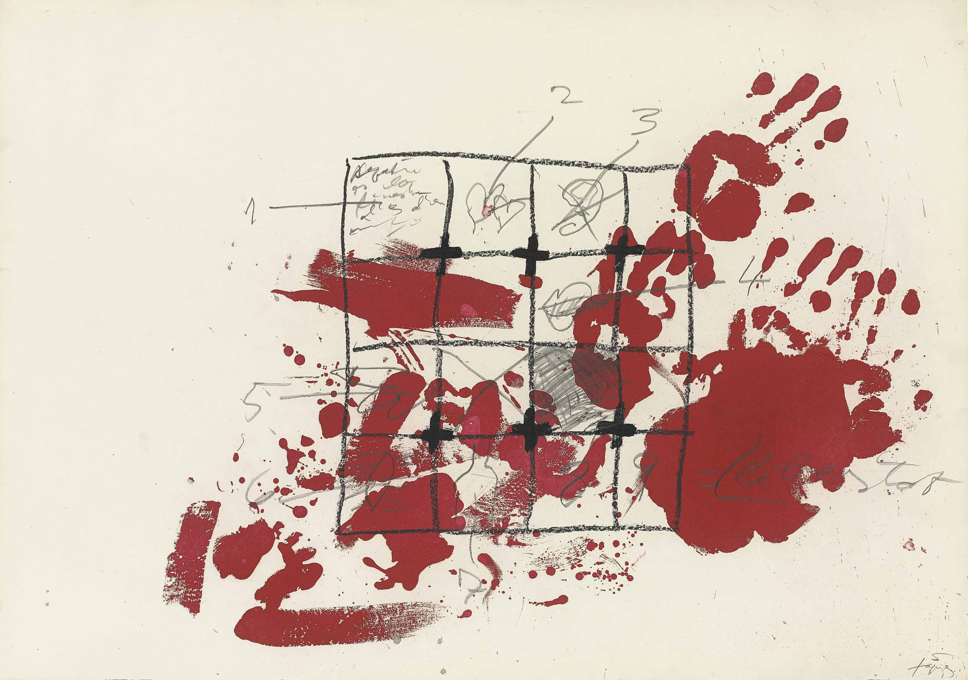 Antoni Tàpies — Четверостишие и рисунок для детей (рисунок в виде сетки и карандашом на красном фоне)