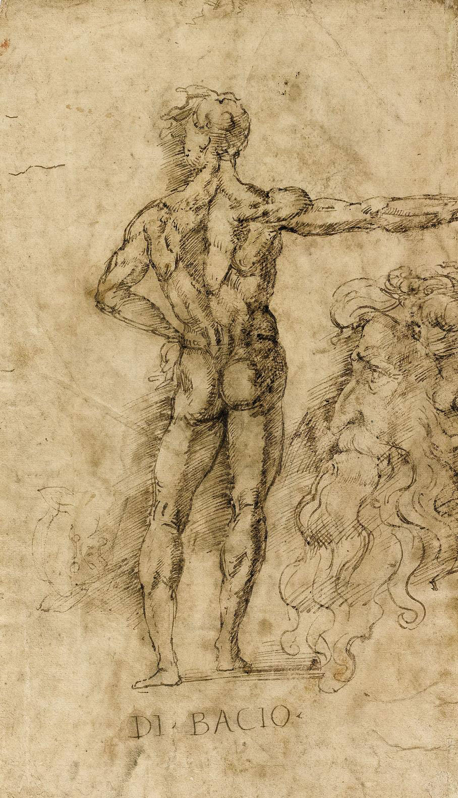 Baccio Bandinelli — Обнаженный мужчина, стоящий сзади, и мужской профиль (спереди ); два рисовальщика и скульптор ( сзади )