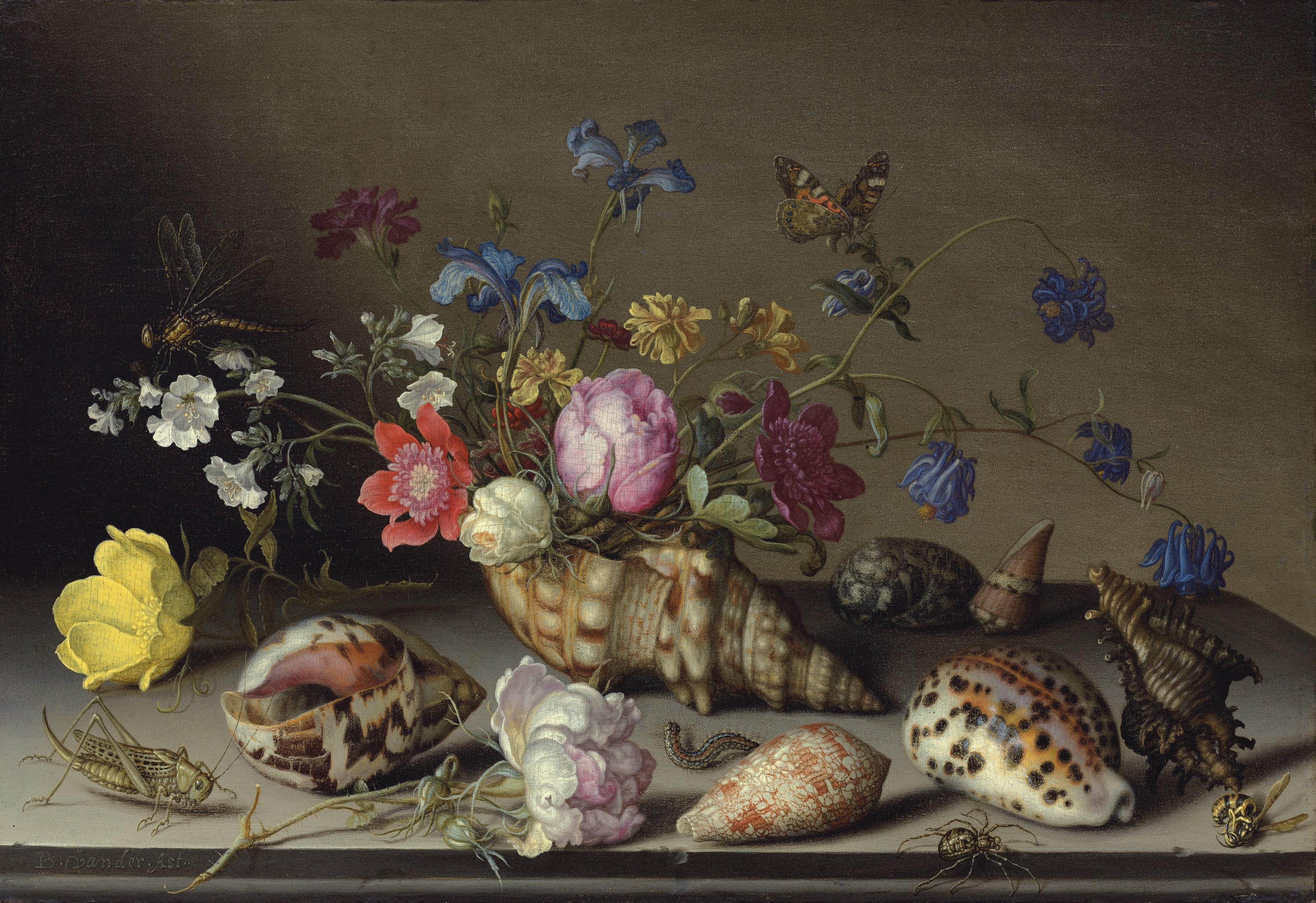 Balthasar Van Der Ast — Цветы, ракушки и насекомые на каменном выступе