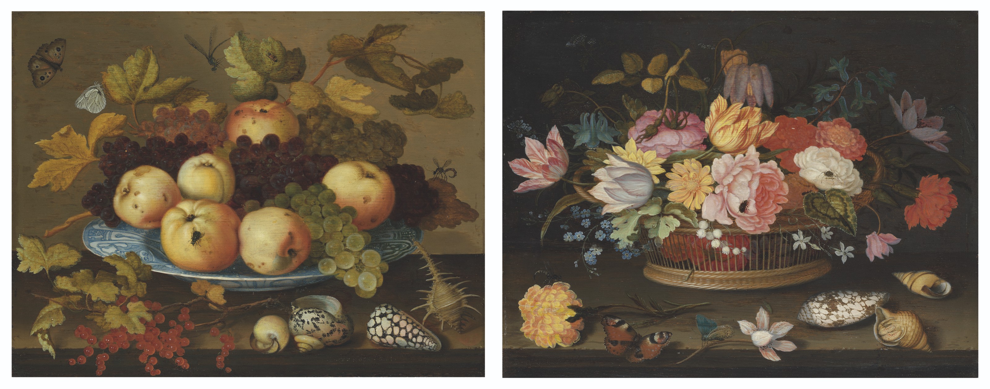Balthasar Van Der Ast — Фрукты в фарфоровом блюде wan-li на столе; Цветы в плетеной корзине на столе, изображение 1