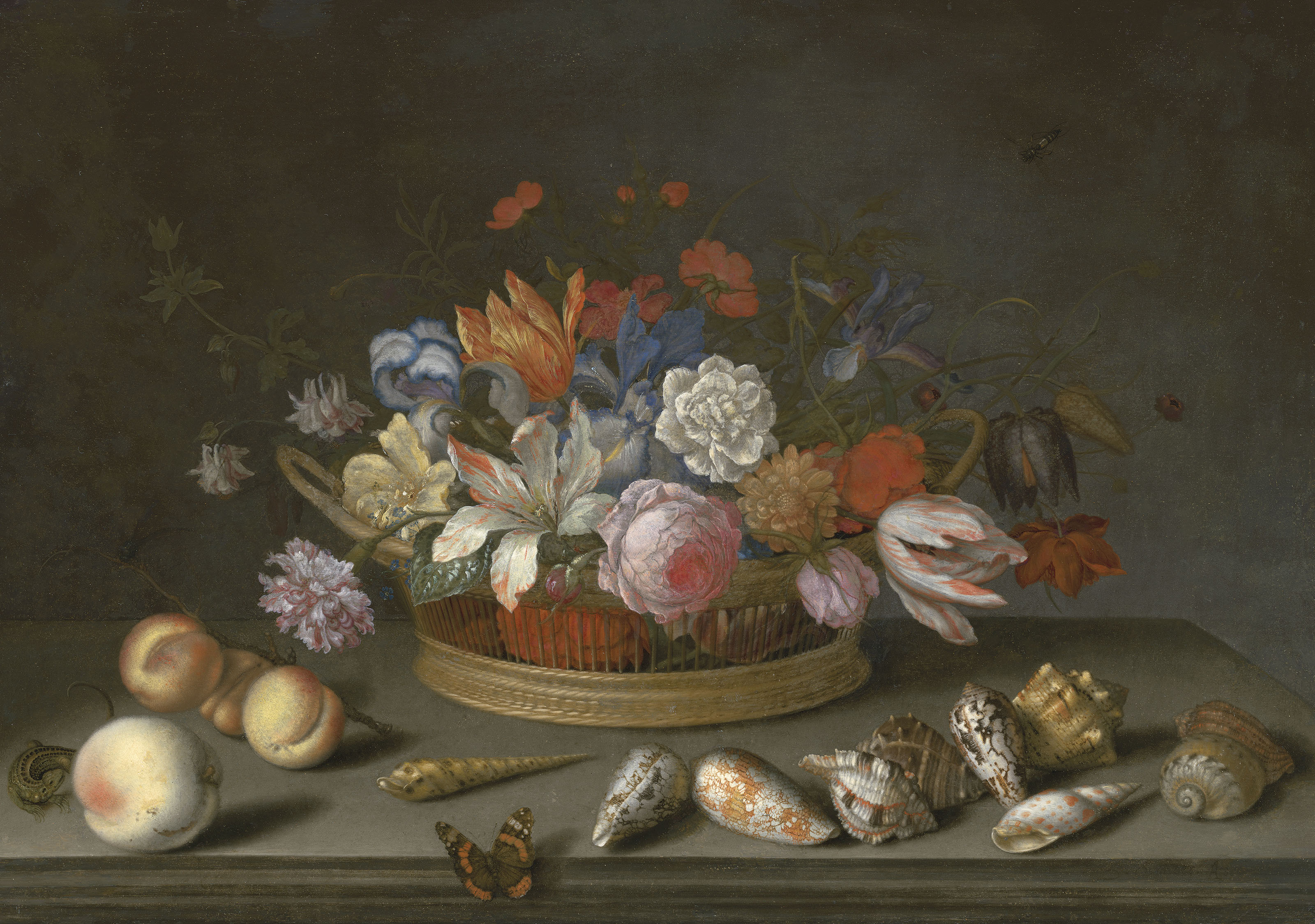 Balthasar Van Der Ast — Тюльпаны, розы и другие цветы в корзине на столе, с ракушками, фруктами, ящерицей и бабочкой
