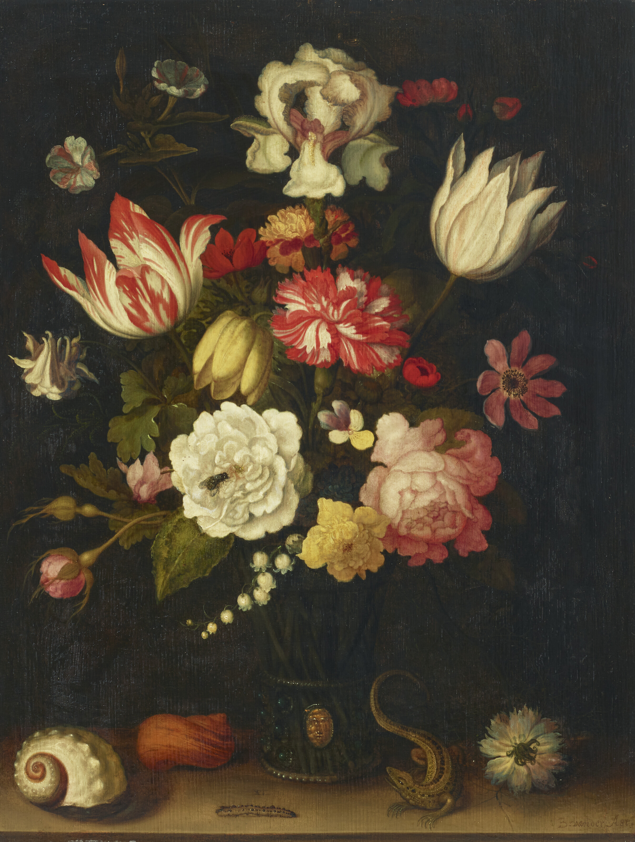 Balthasar Van Der Ast — Тюльпаны, гвоздики, розы и другие цветы в вазе с ракушками и ящерицей на выступе