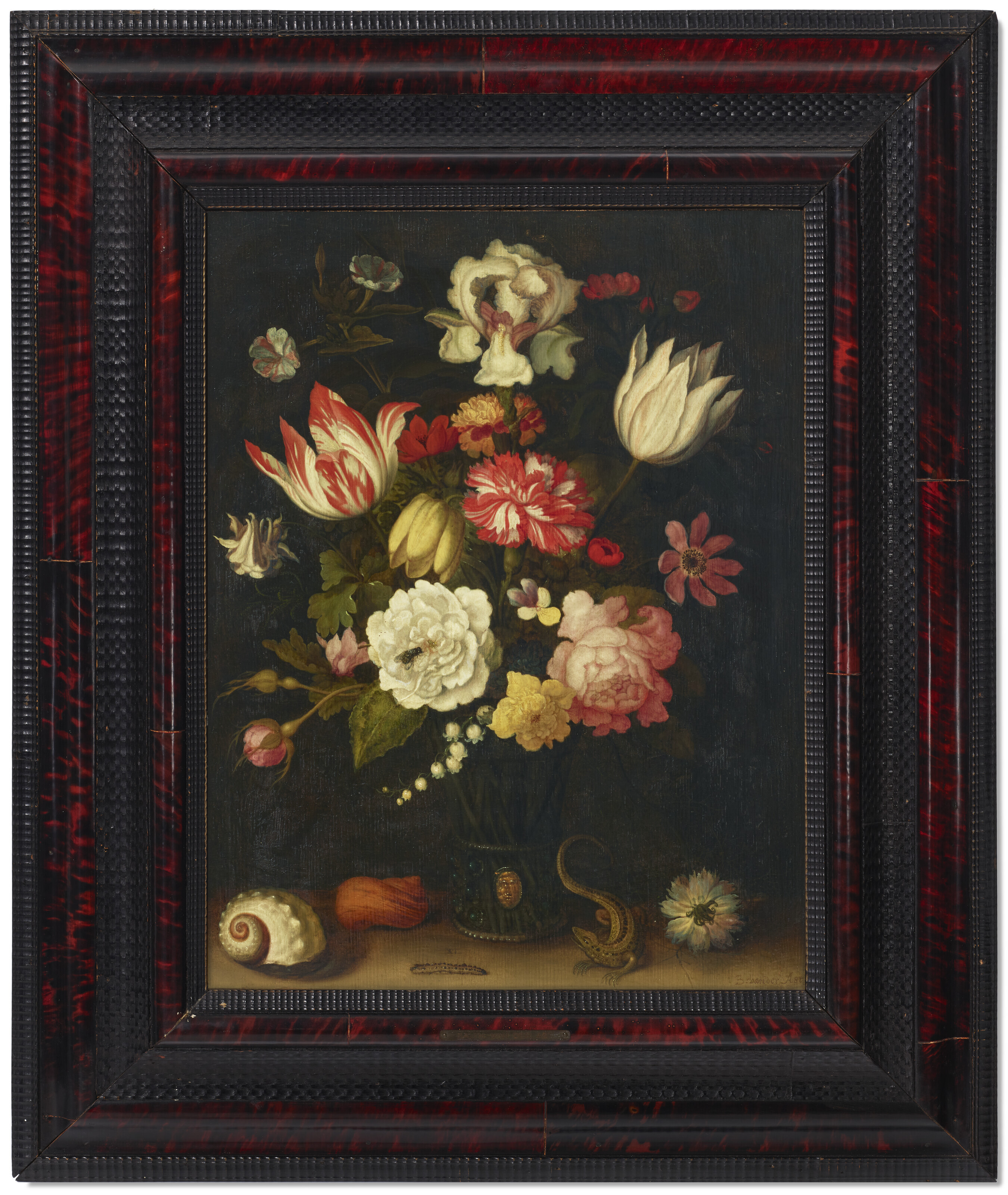 Balthasar Van Der Ast — Тюльпаны, гвоздики, розы и другие цветы в вазе с ракушками и ящерицей на выступе, изображение 2