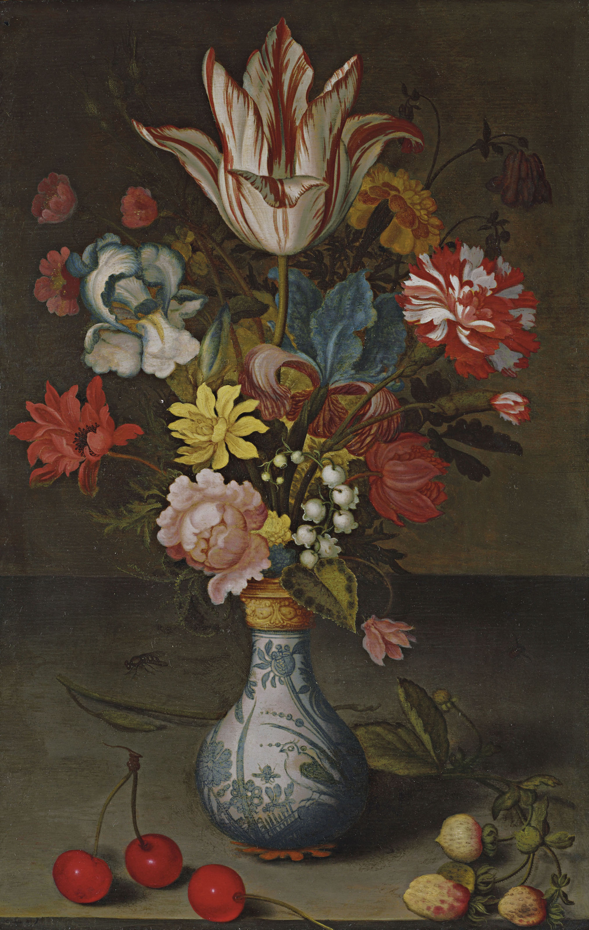 Balthasar Van Der Ast — Тюльпан Semper Augustus и другие цветы в позолоченной вазе в стиле Ван-ли на каменном выступе