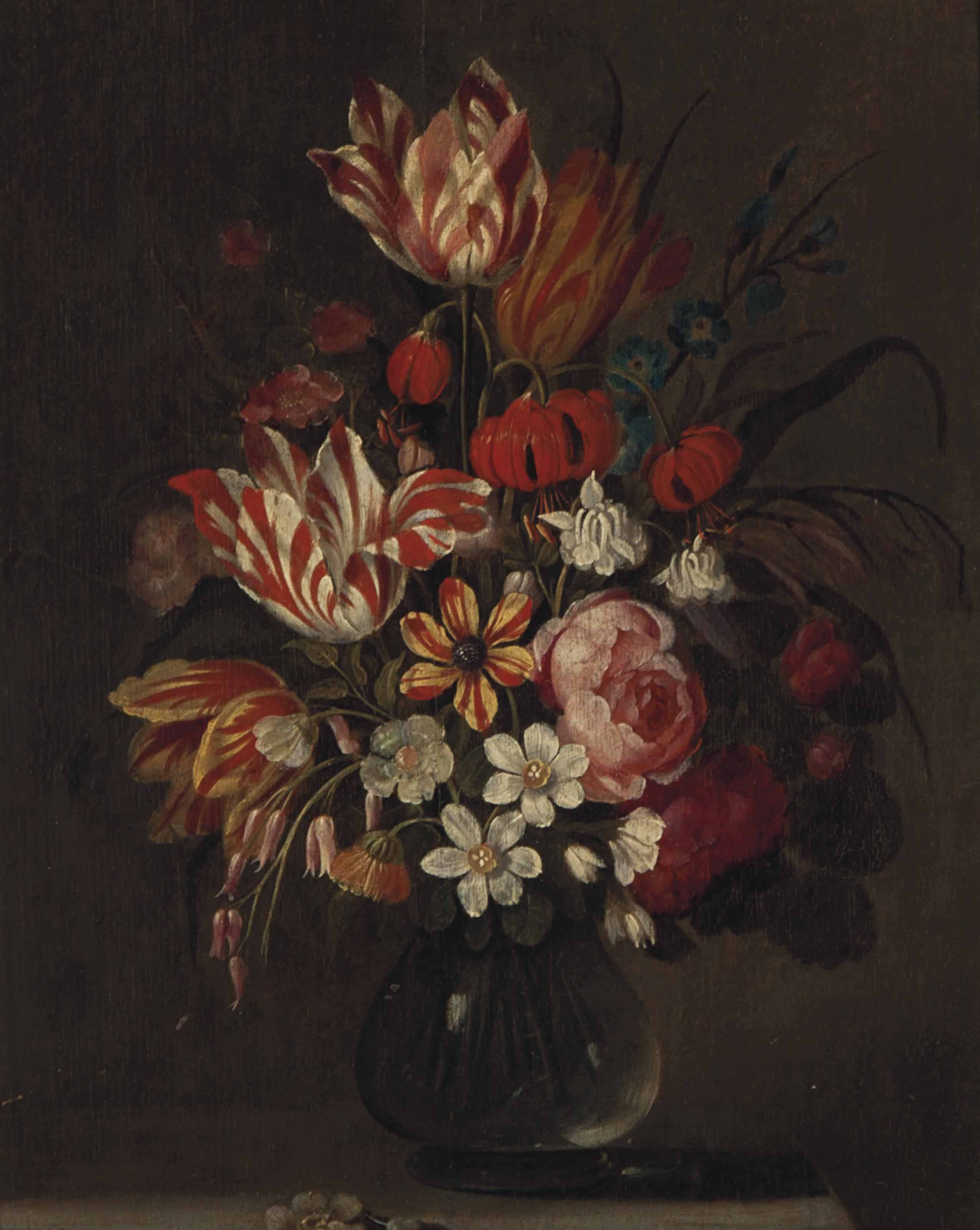 Balthasar Van Der Ast — Натюрморт с тюльпанами и гвоздиками в стеклянной вазе