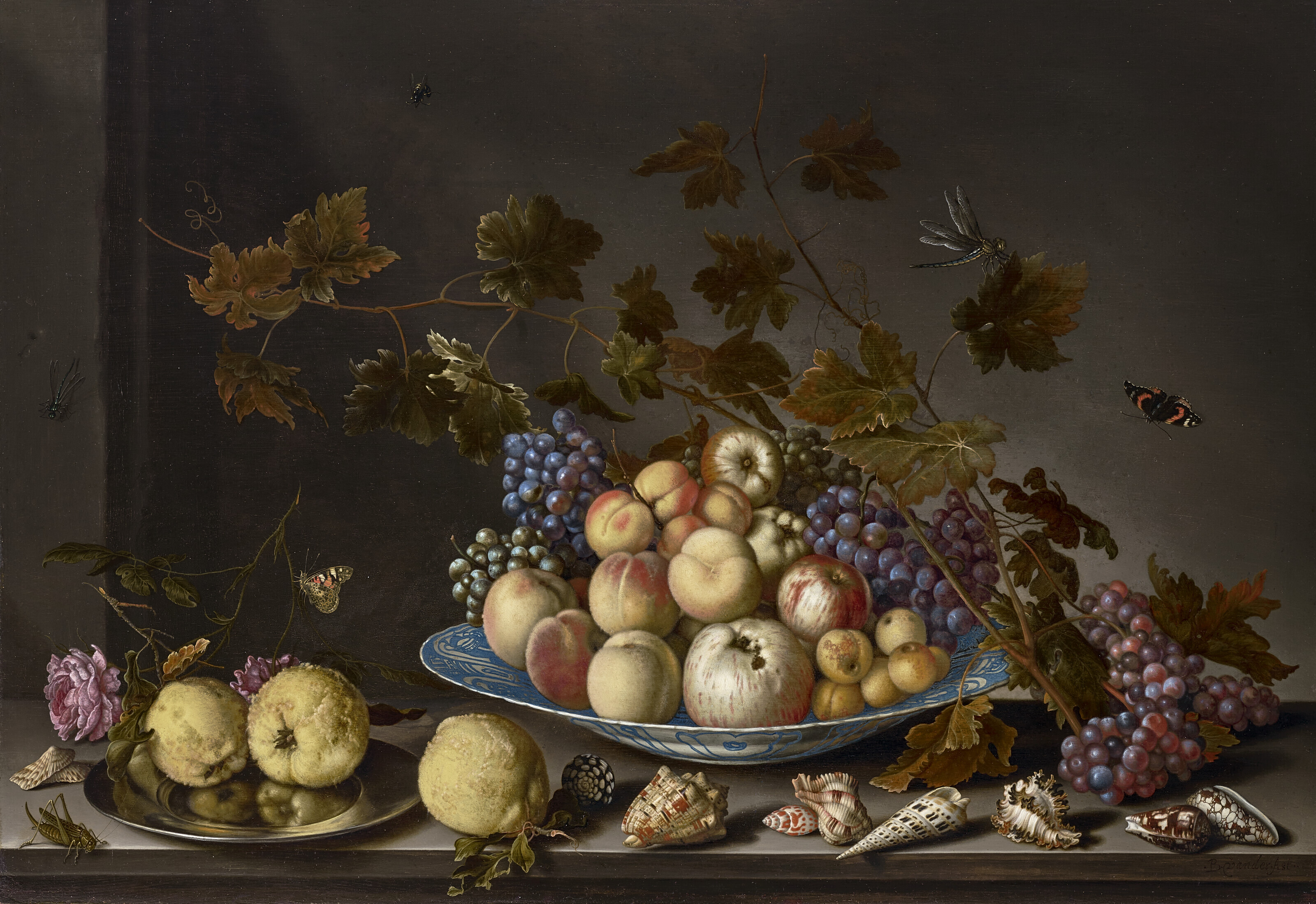 Balthasar Van Der Ast — Фрукты на краакском фарфоровом блюде с айвой, розами, ракушками и насекомыми