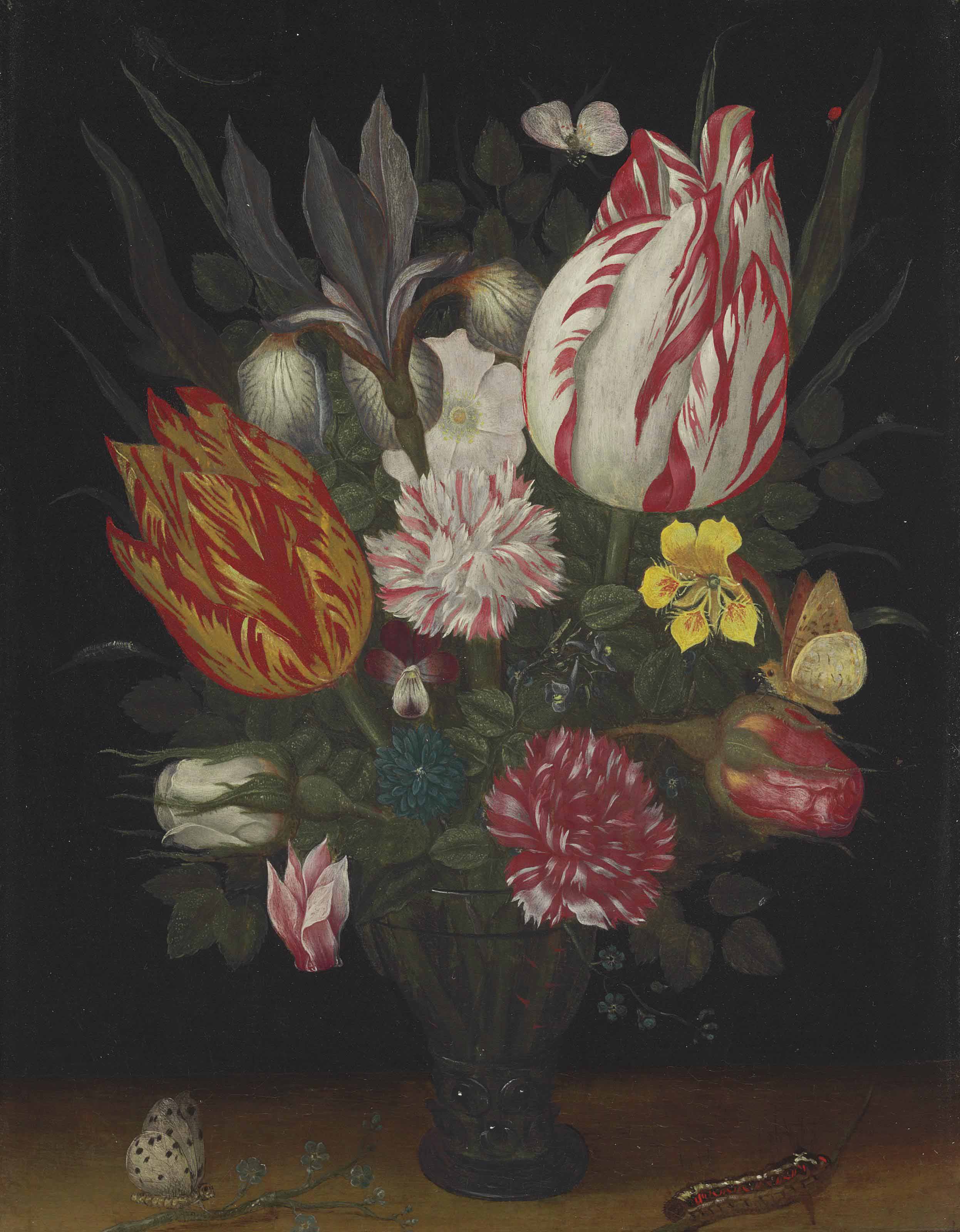 Balthasar Van Der Ast — Тюльпаны, гвоздики, ирис, шиповник, цикламен, розы, анютины глазки и другие цветы в вазе с гусеницей и бабочкой