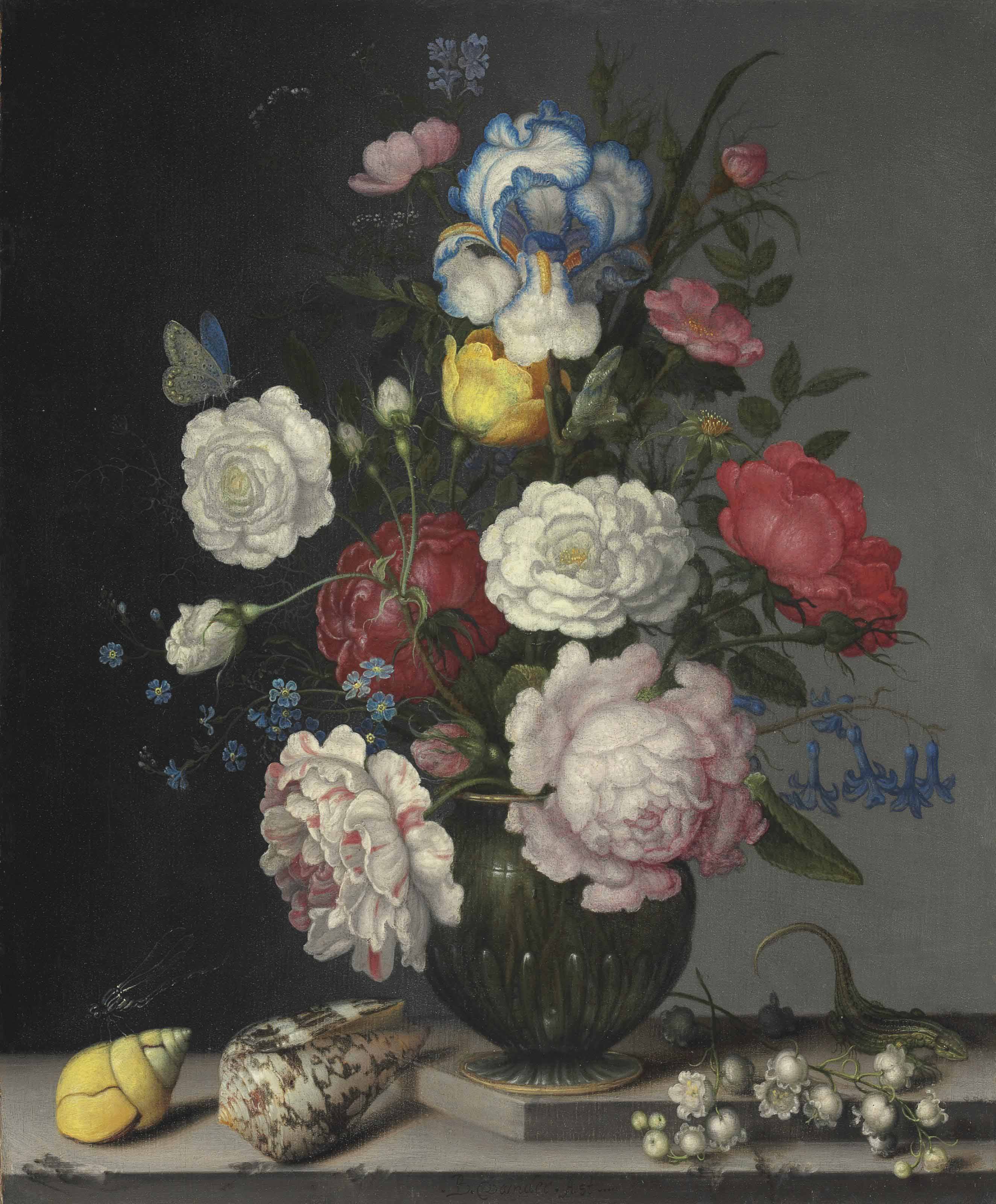 Balthasar Van Der Ast — Розы, анемоны, ирисы, гиацинты, ландыши и незабудки, насекомые, ракушки и ящерица на каменном выступе