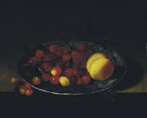Balthasar Van Der Ast — Вишни и персик в вазочке "Ван-ли" на подставке