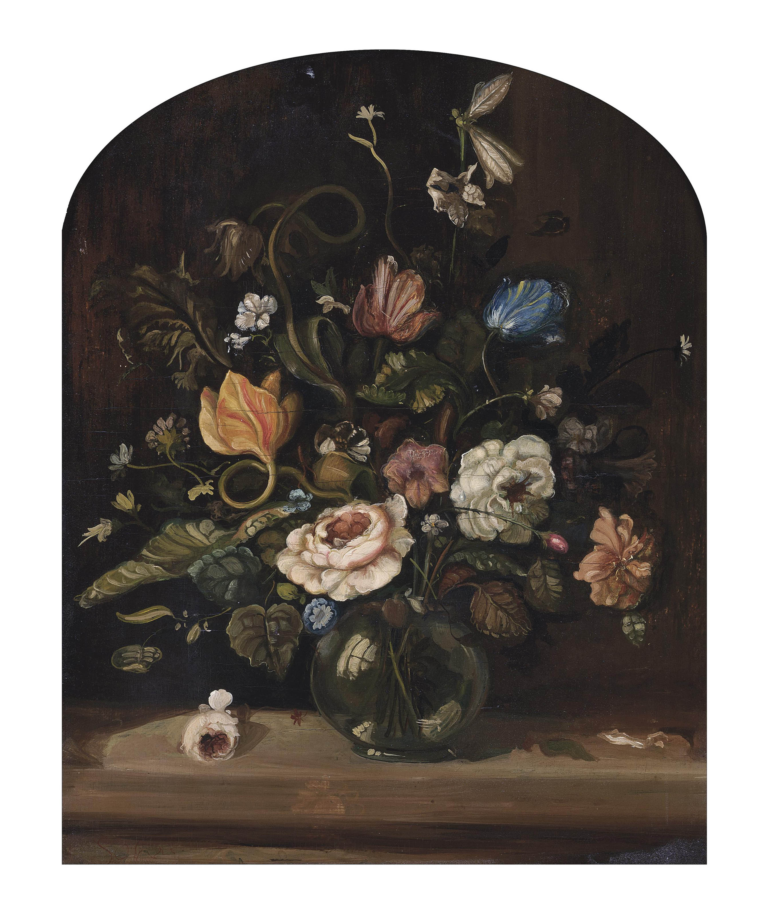 Balthasar Van Der Ast — Розы, тюльпаны, ипомея и другие цветы в стеклянной вазе на подоконнике