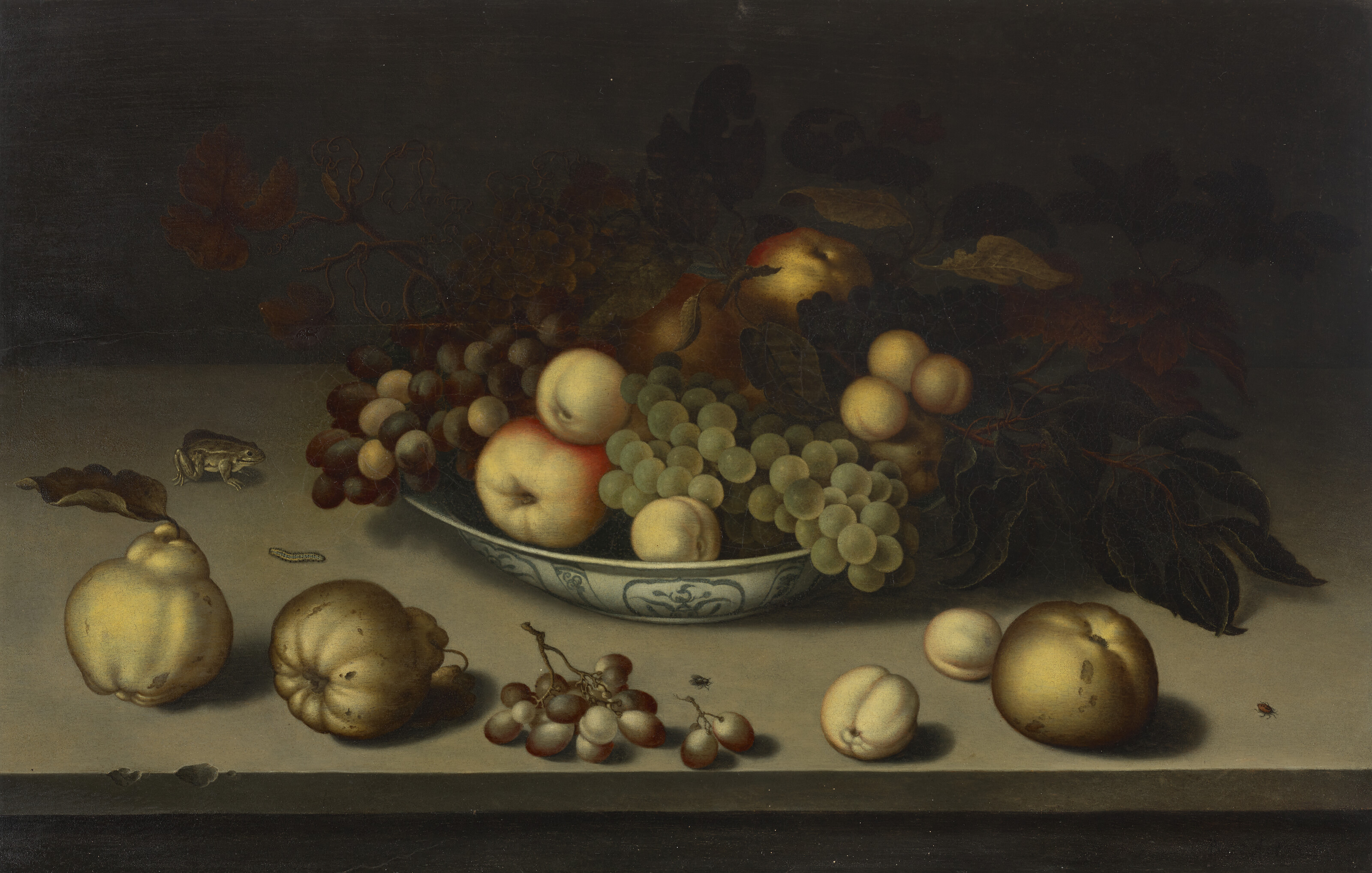 Balthasar Van Der Ast — Виноград, яблоки, персики и абрикосы в вазе Wan-li, айва, лягушка, гусеница, муха и жук на каменном выступе