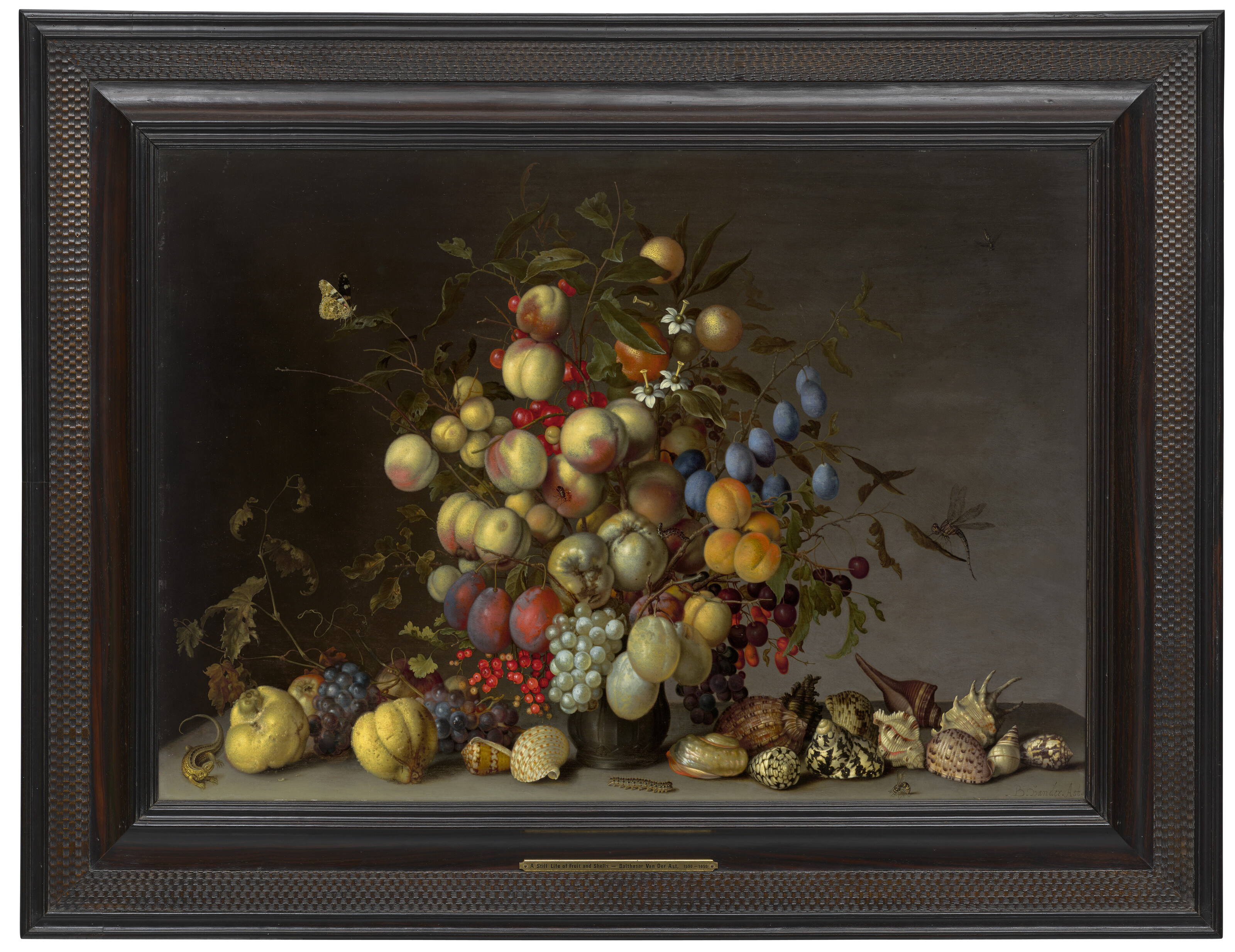 Balthasar Van Der Ast — Персики, сливы, апельсины, яблоки, вишни, виноград, красная смородина, черная смородина, яблоки-крабики и другие фрукты в оловянной вазе, с бабочкой red admiral, стрекозой и другими насекомыми, с виноградом и другими фруктами, ракушками, ящерицей, гусеницей и осой на выступе, изображение 2