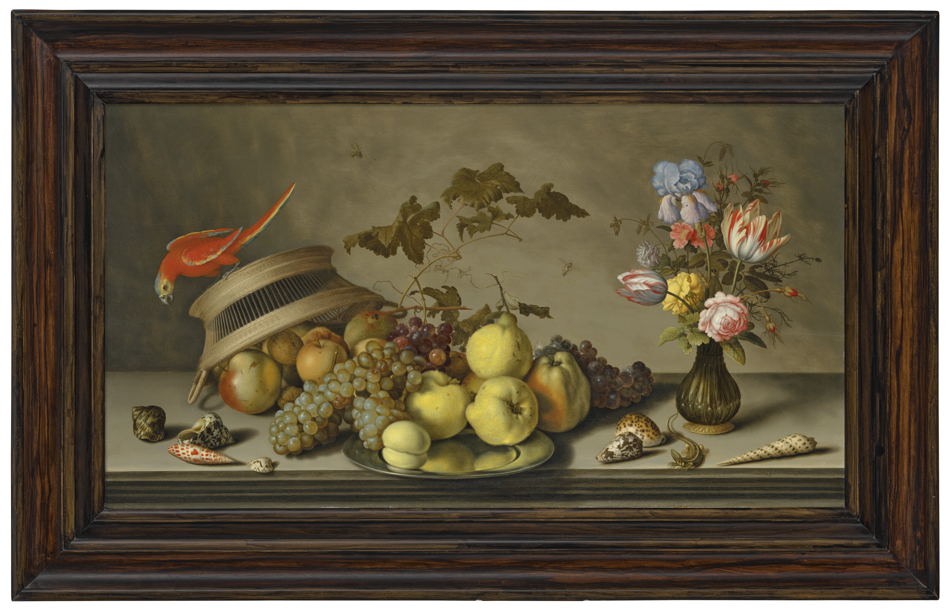 Balthasar Van Der Ast — Попугай в перевернутой корзине с фруктами, оловянной тарелкой, вазой с цветами, насекомыми, ящерицей и ракушками на каменном выступе, изображение 2