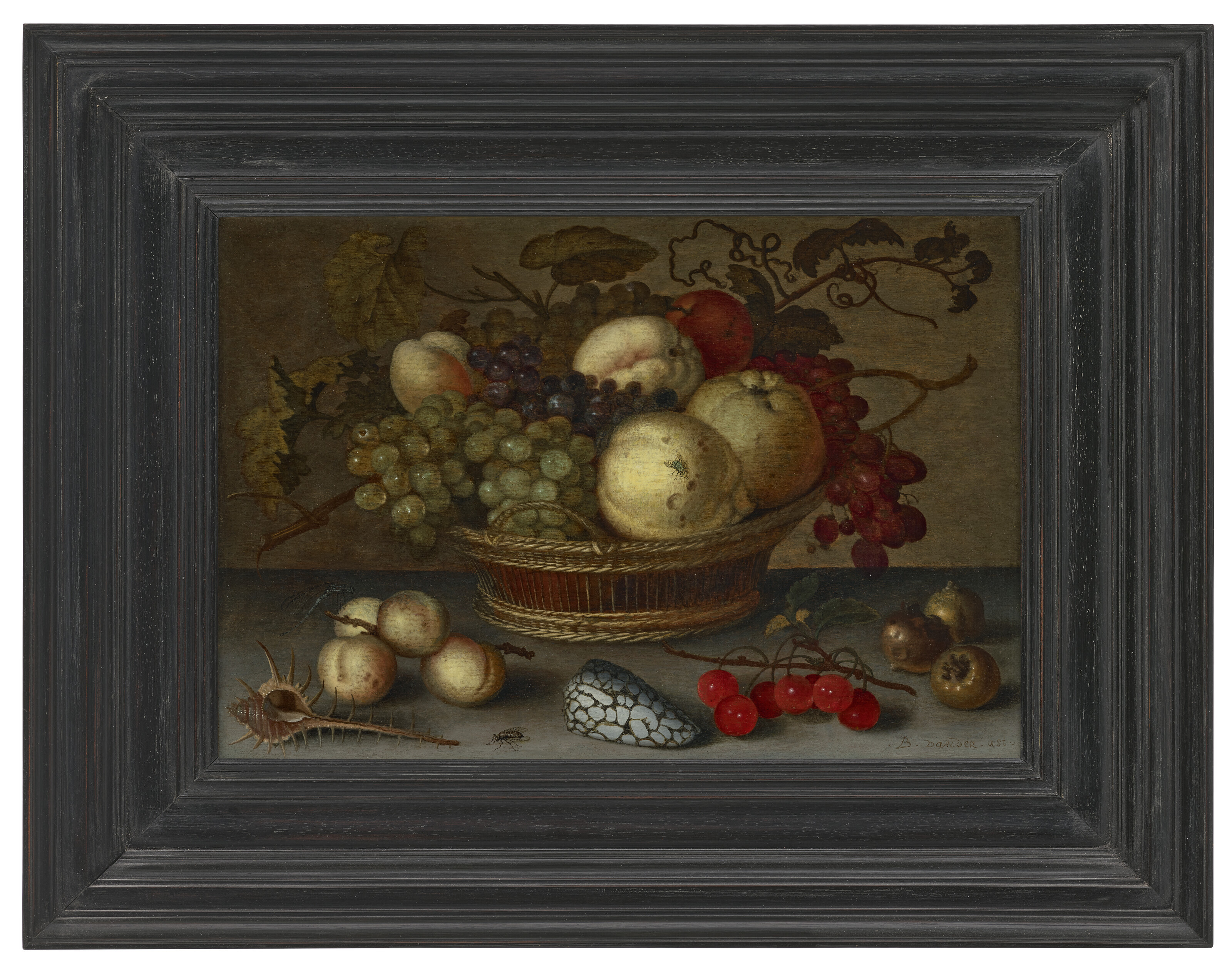 Balthasar Van Der Ast — Яблоки и виноград в корзине, фрукты и ракушки на каменном выступе