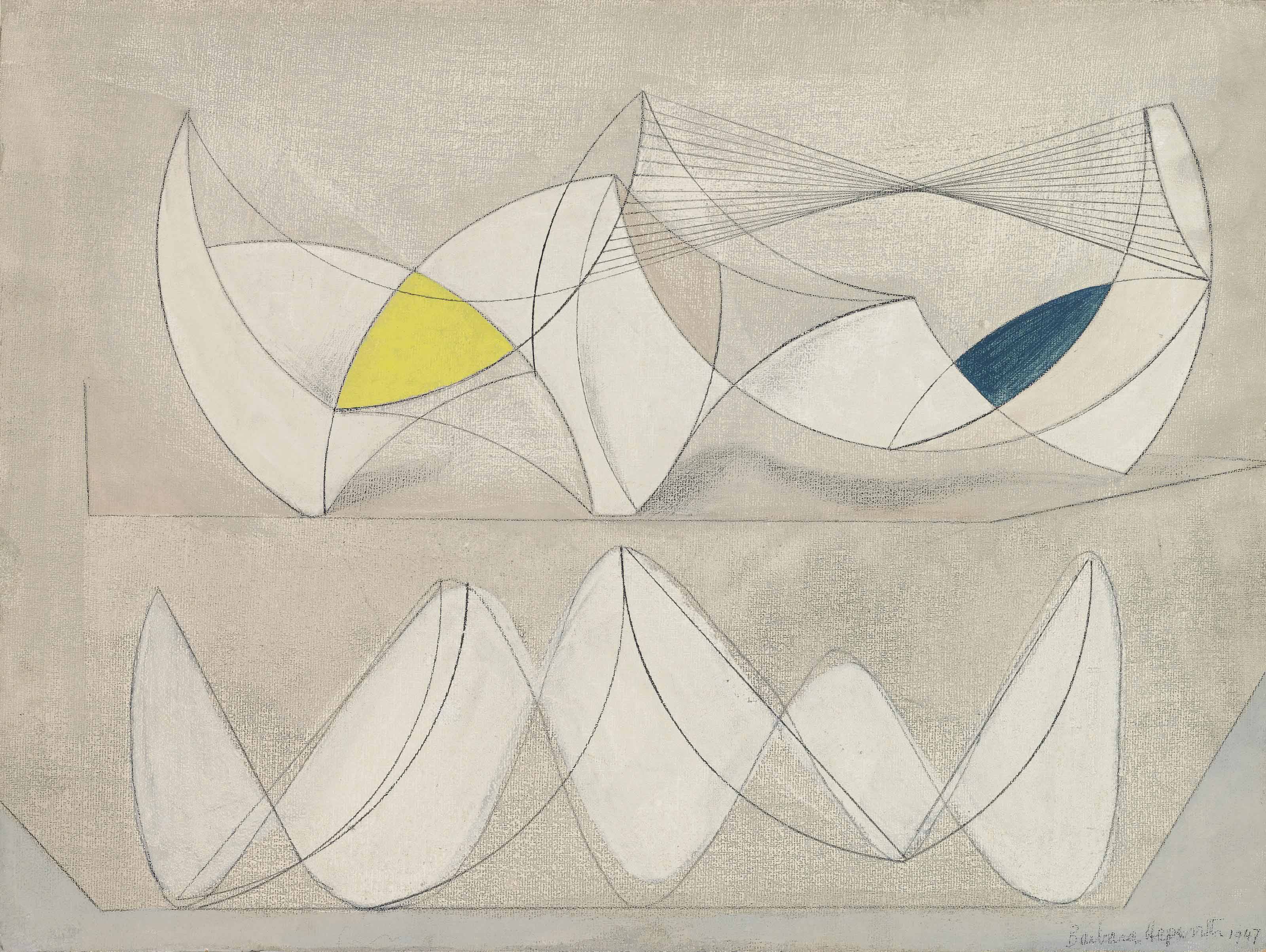 Barbara Hepworth — Две изогнутые фигуры на сером фоне