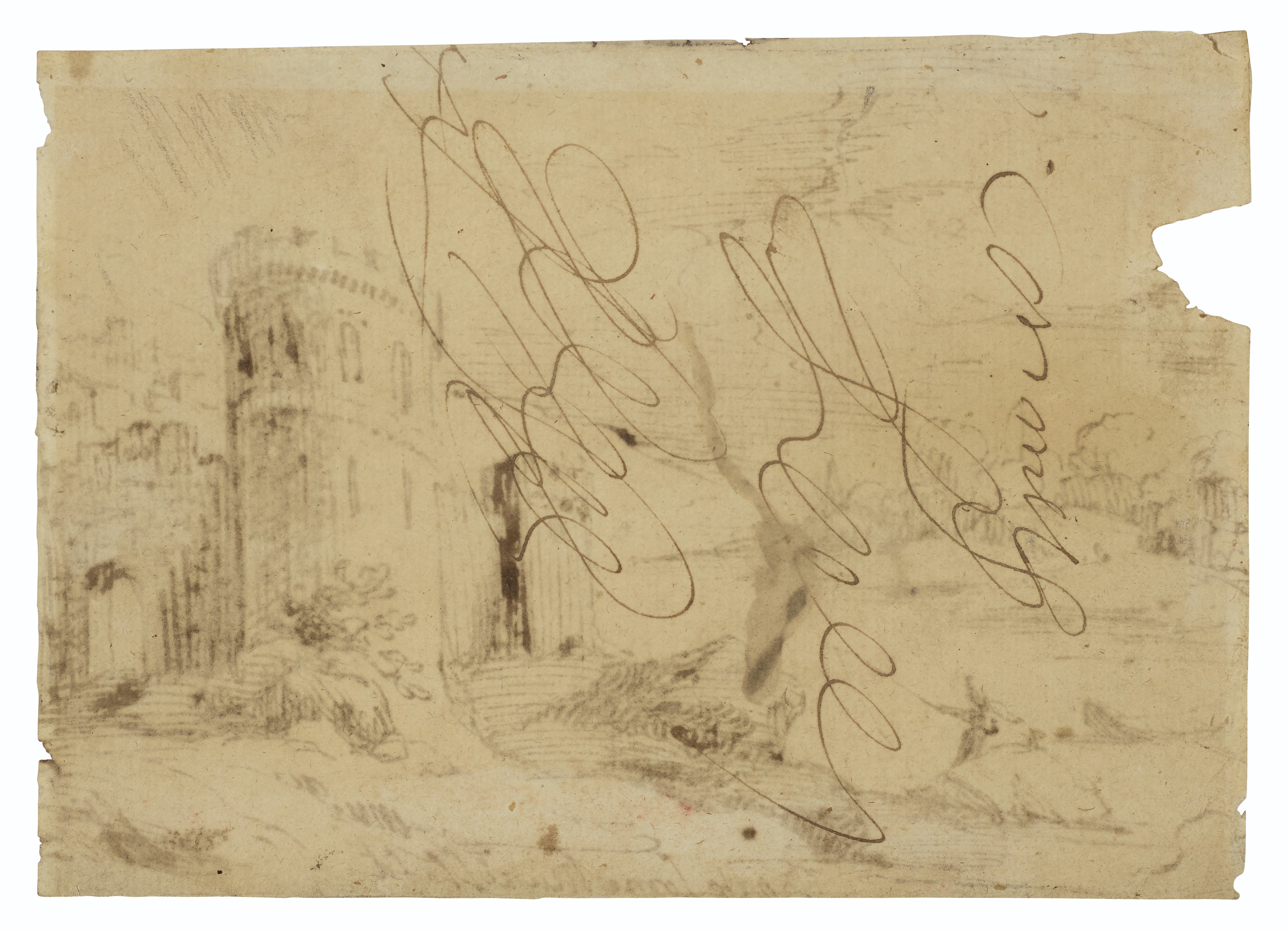 Bartolomé Esteban Murillo — Речной пейзаж с рыбаком возле замка (справа налево ); Каллиграфические упражнения ( оборотная сторона ), изображение 2