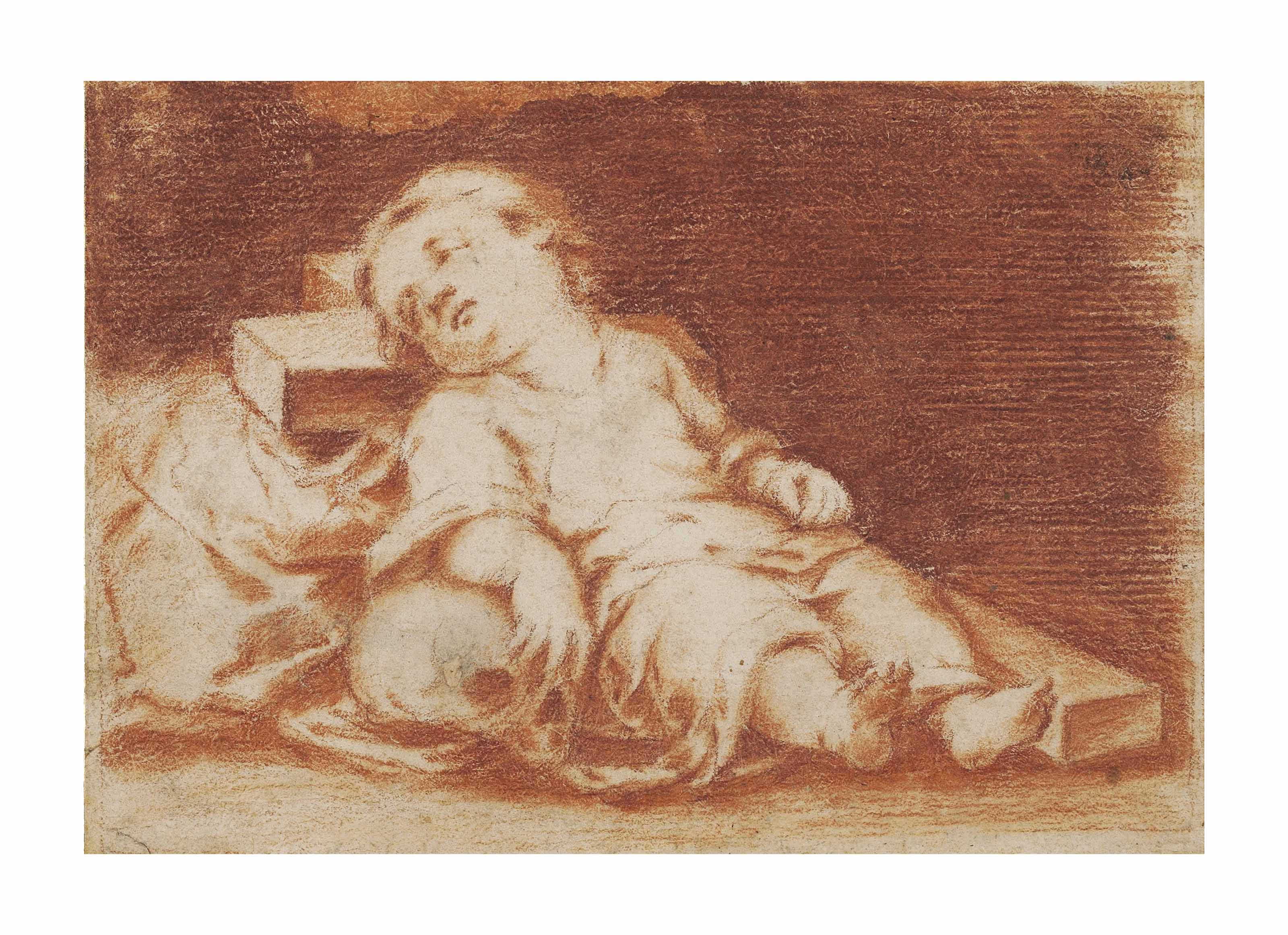 Bartolomé Esteban Murillo — Младенец Христос, лежащий на кресте, его правая рука покоится на черепе