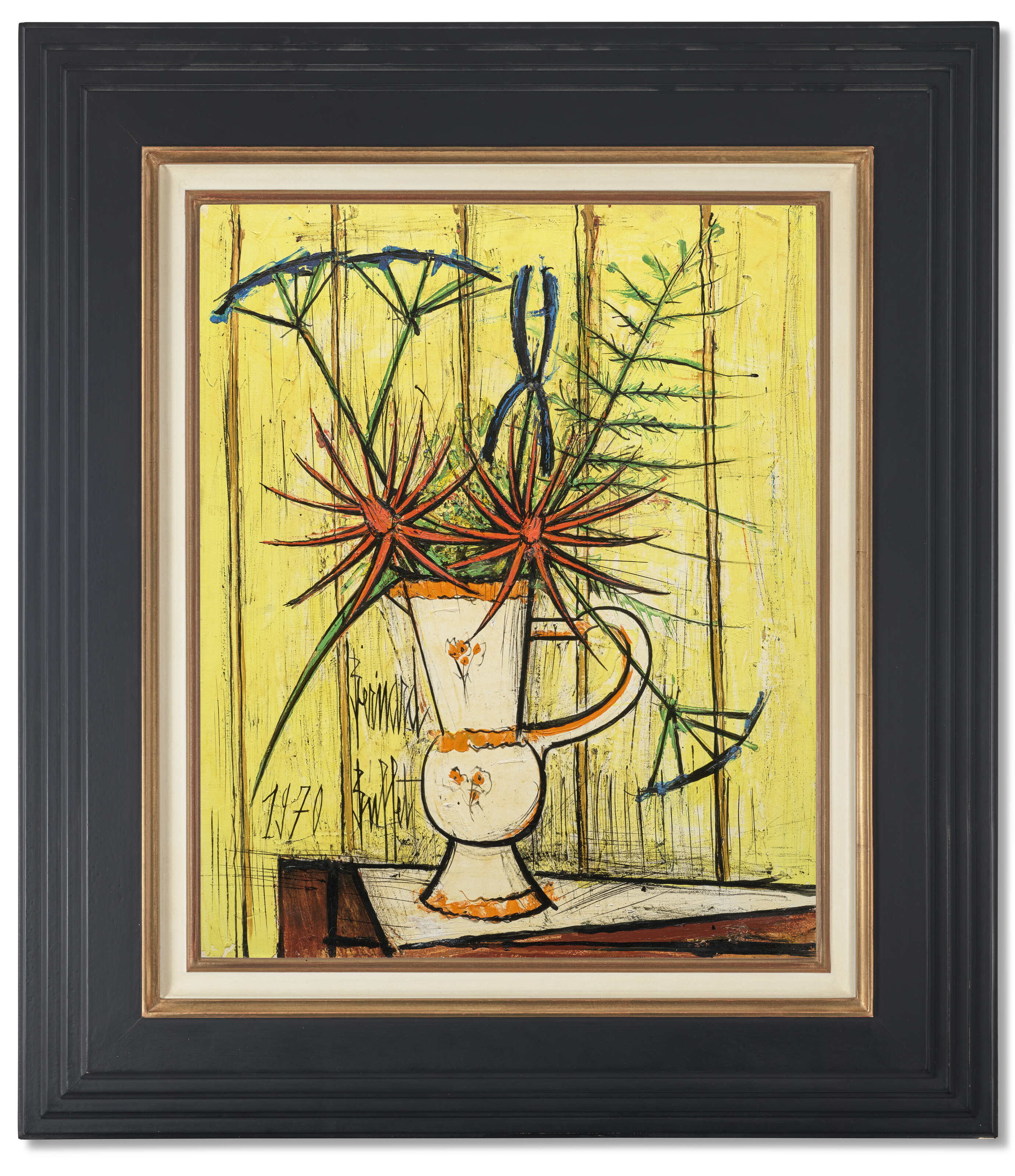 Bernard Buffet — Букет красных и голубых цветов с желтым оттенком, ваза белого и оранжевого цветов, изображение 2