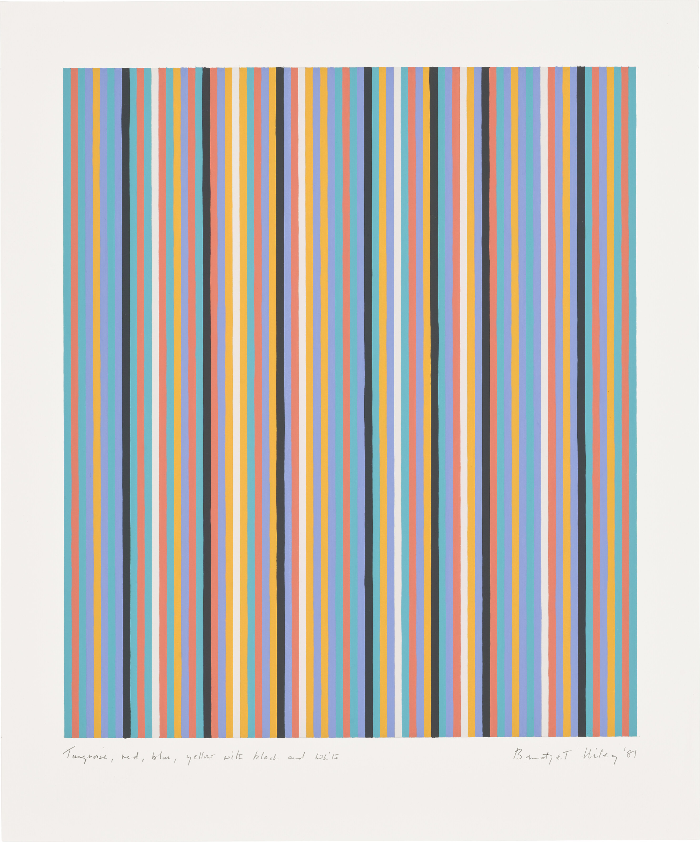 Bridget Riley — Бирюзовый, красный, синий, желтый с черным и белым, изображение 1