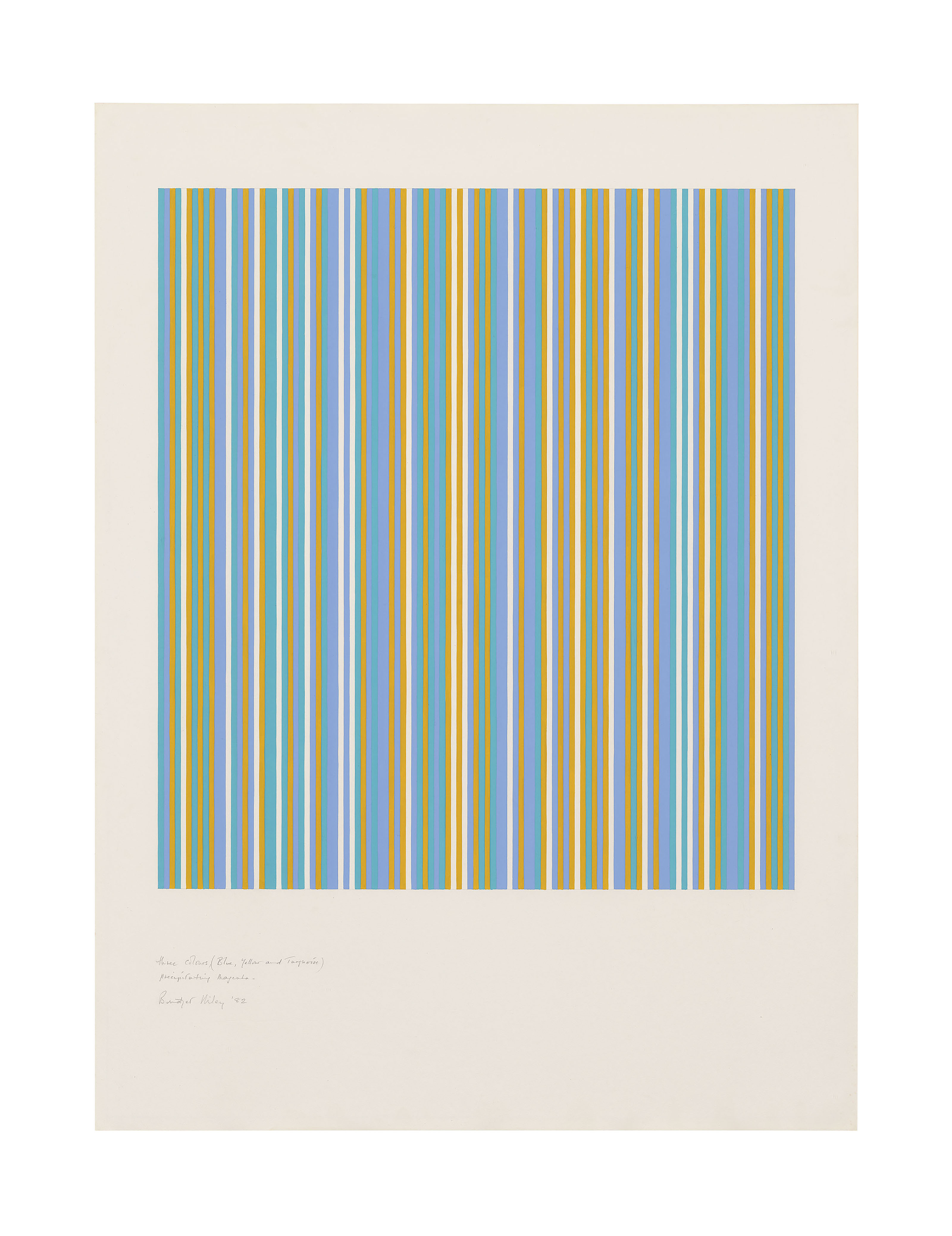 Bridget Riley — Три цвета (синий, желтый и бирюзовый) с выделением пурпурного