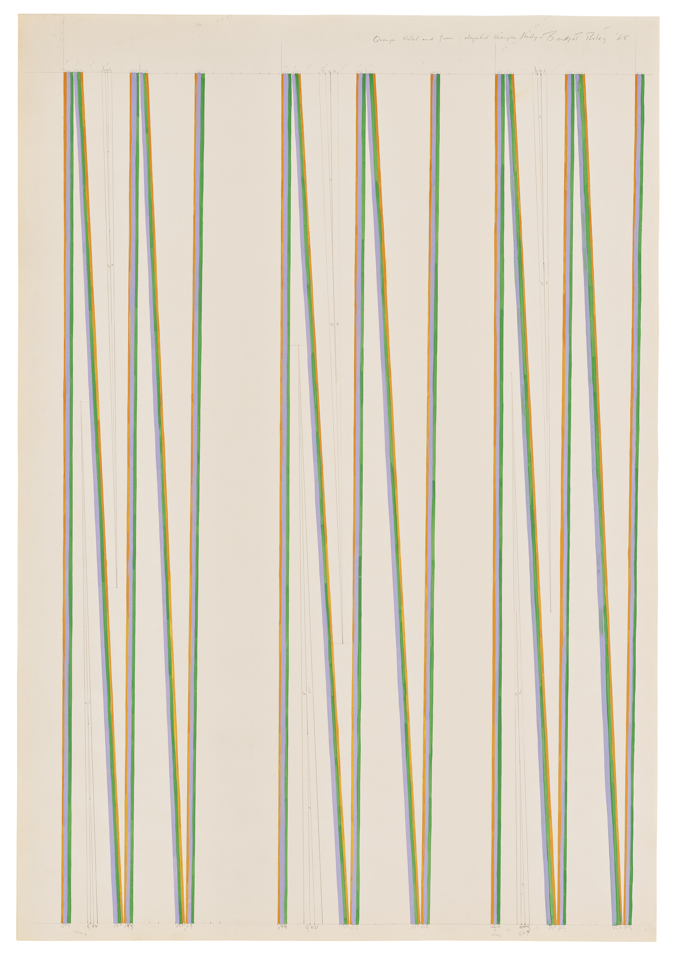 Bridget Riley — Оранжевый, фиолетовый и зеленый, вытянутый треугольник., изображение 1