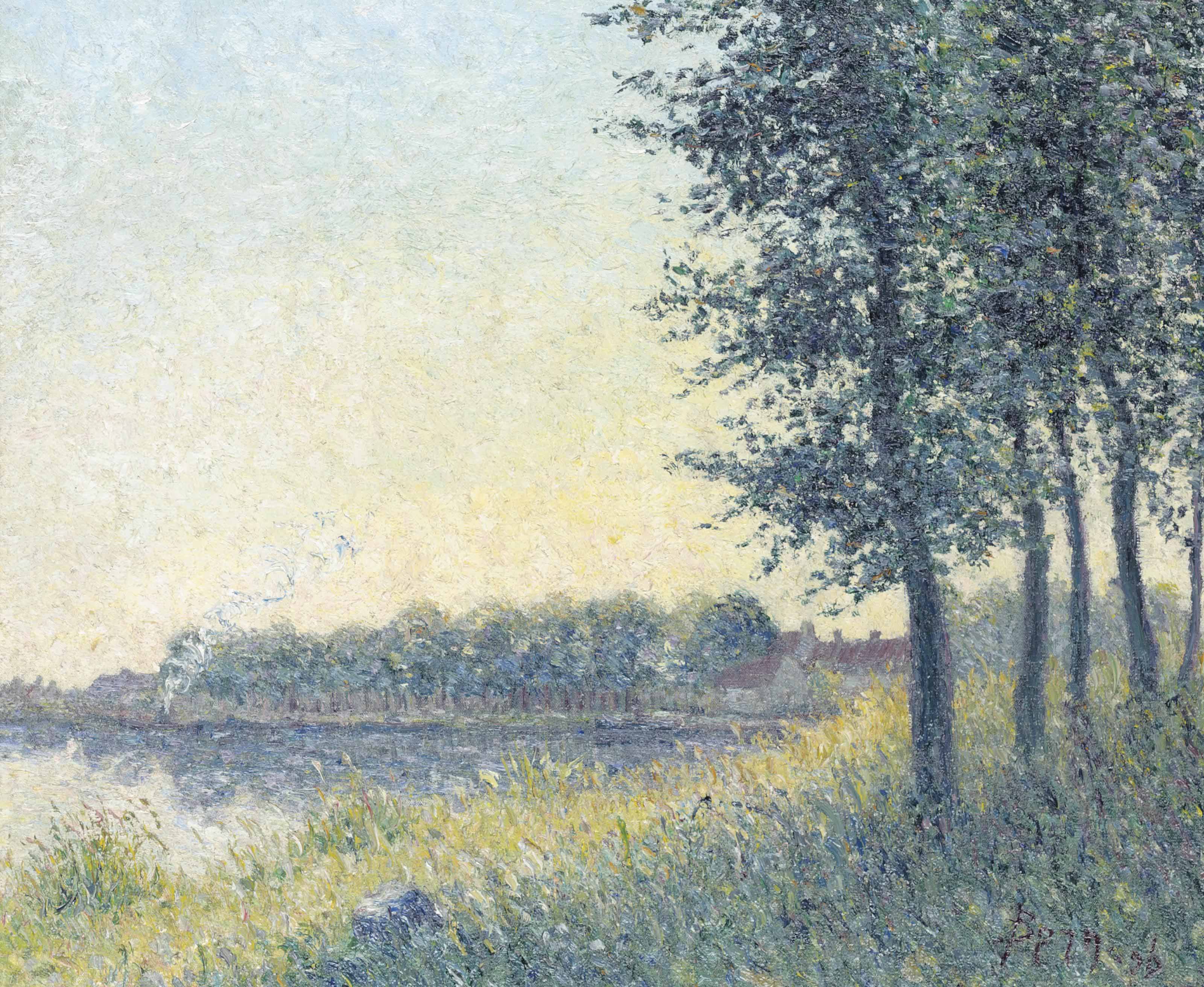 Camille Pissarro — Паровой катер на реке в сумерках