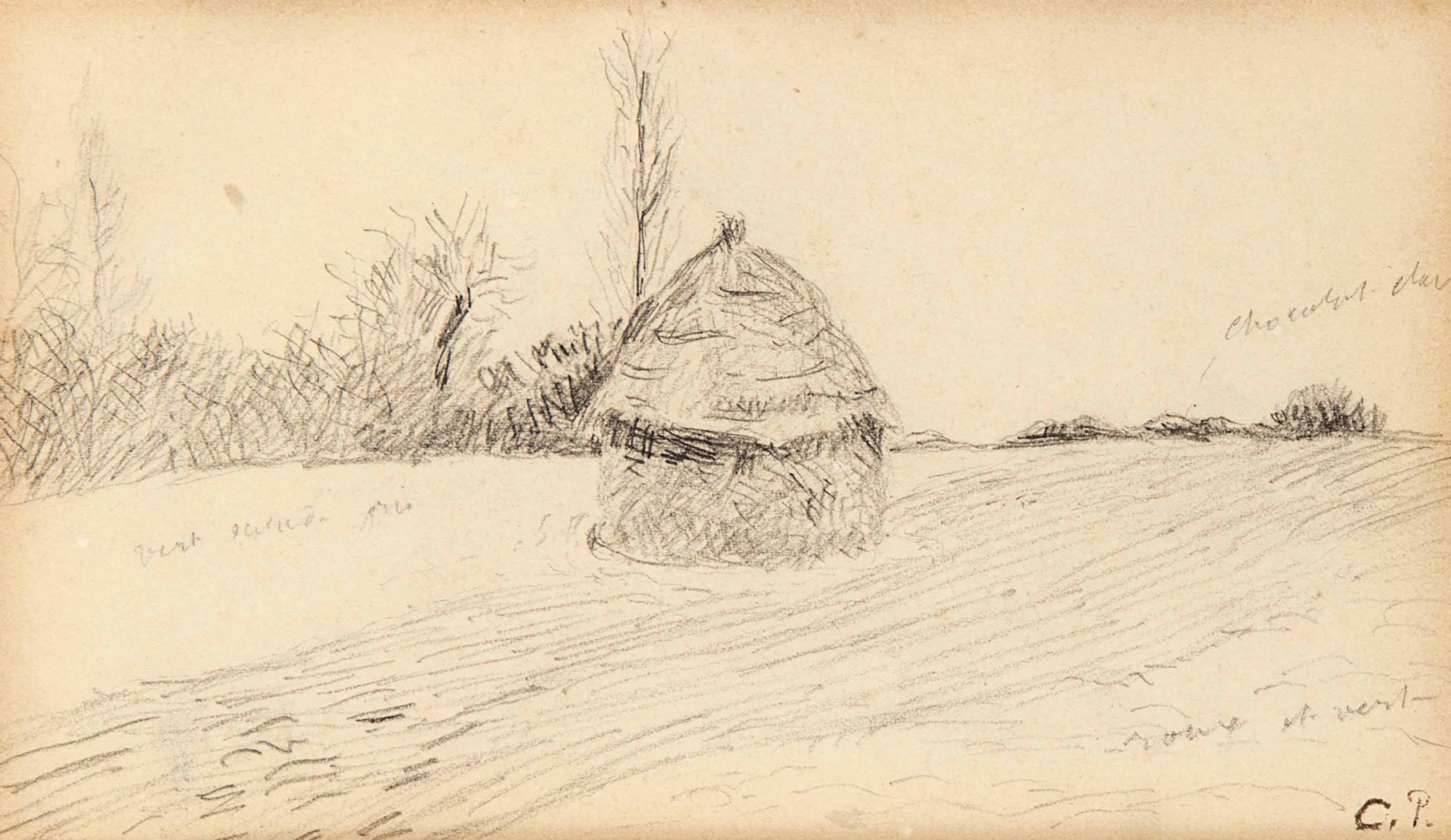Camille Pissarro — Стог сена в поле (прямая сторона); и рисунок (оборотная сторона)