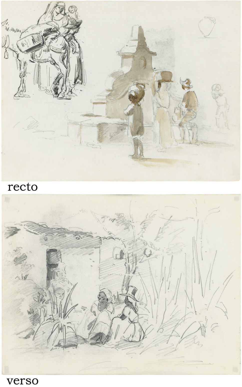 Camille Pissarro — Фигуры у фонтана и три фигуры с осликом (справа ); Две женщины, сидящие в саду у дома ( слева )