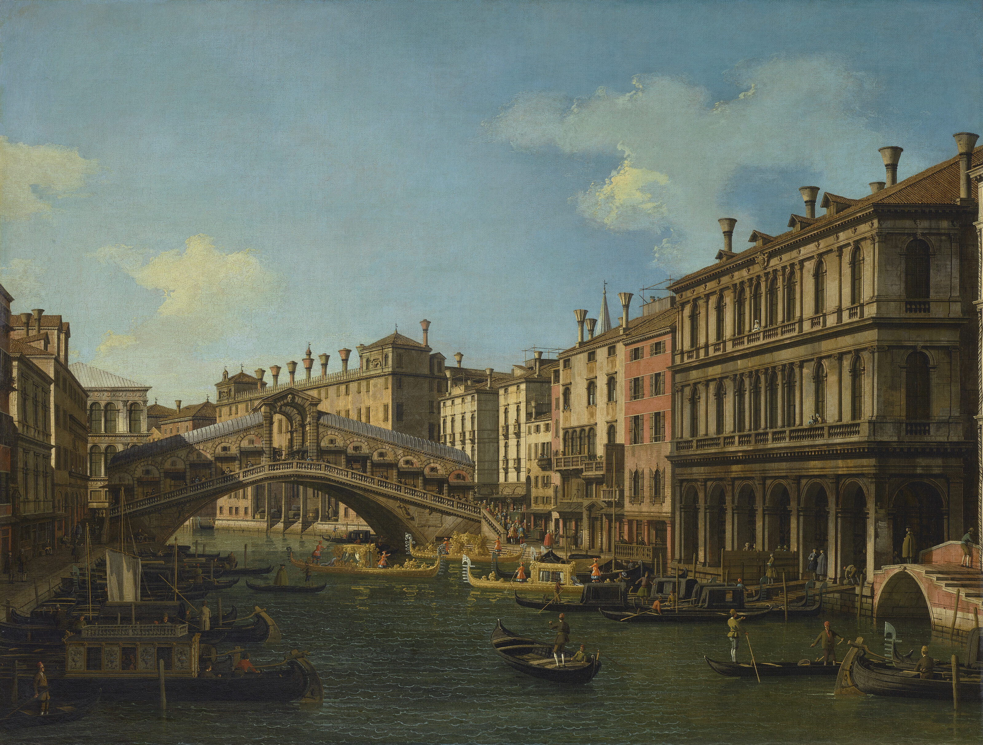 Canaletto — Мост Риальто, Венеция, с юга с посадкой на корабль, традиционно именуемый принцем Саксонским во время его визита в Венецию в 1740 году, изображение 1