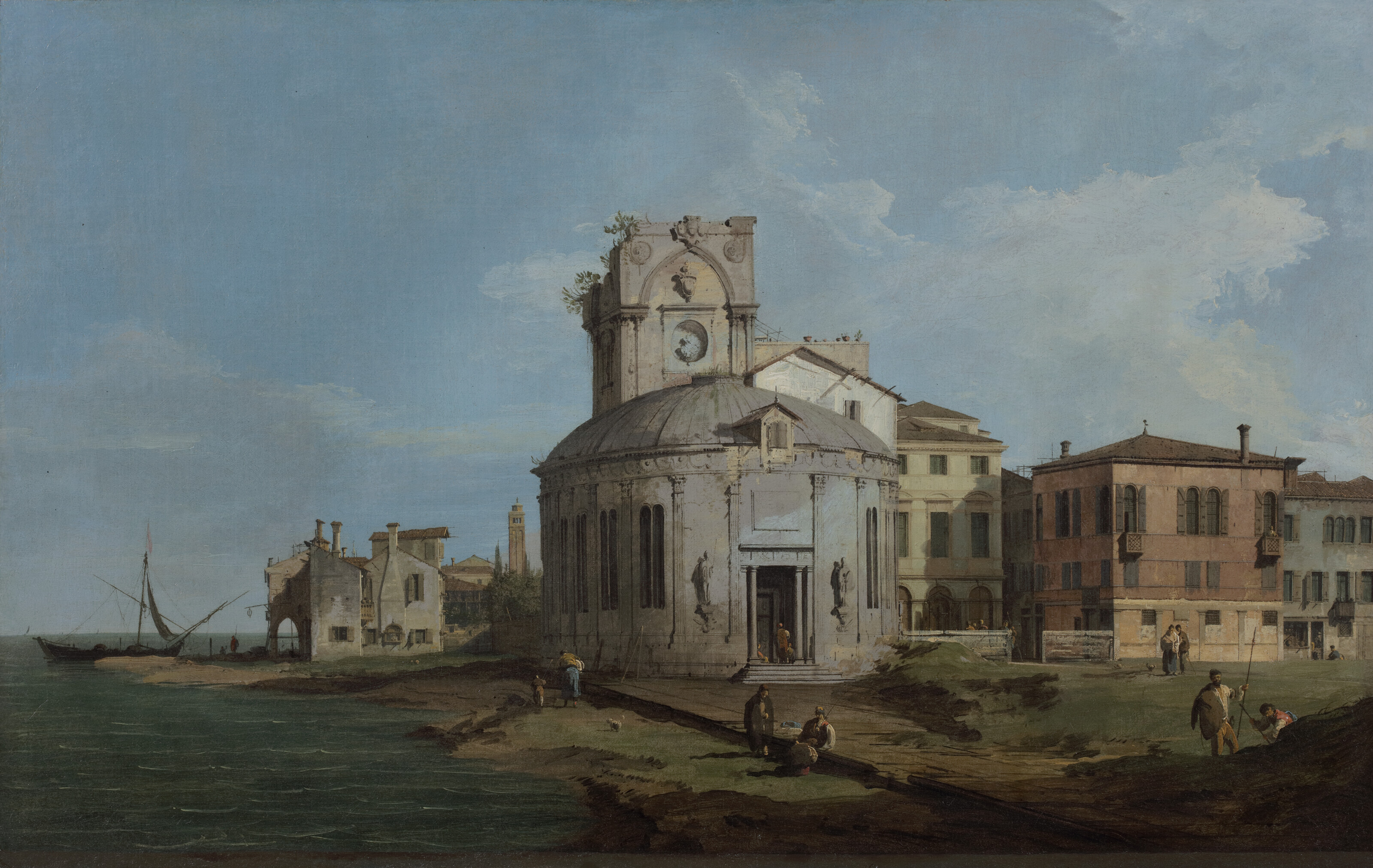 Canaletto — Венецианское каприччио с овальной церковью на берегу лагуны, изображение 1