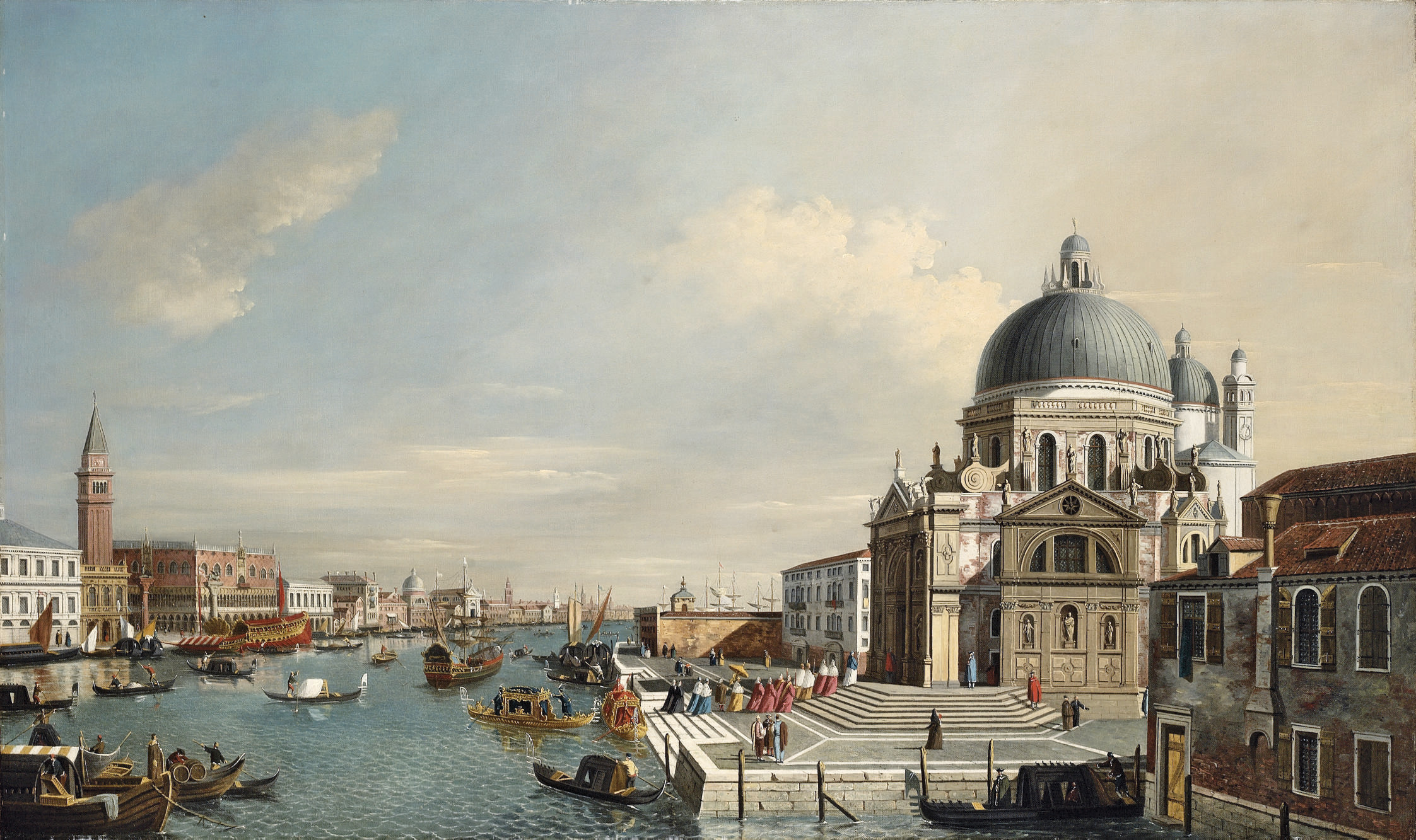 Canaletto — Вход в Гранд-канал в Венеции, обращенный на восток, с церковью Санта-Мария-делла-Салюте и Бучинторо, пришвартованными у Рива-дельи-Скьявони, Монетным двором, библиотекой и Герцогским дворцом за ним.