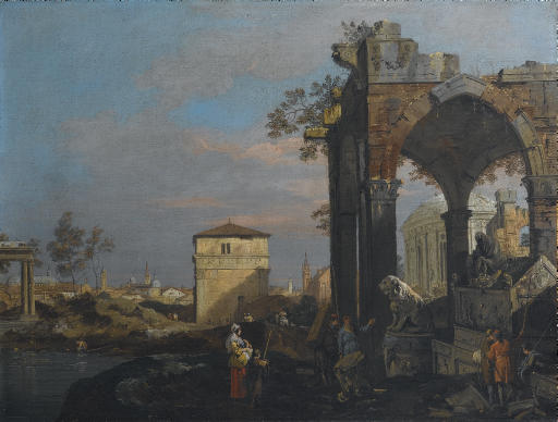 Canaletto — Каприччио из дерева с элементами декора в Падуе и рисунок, выполненный в стиле сфондо