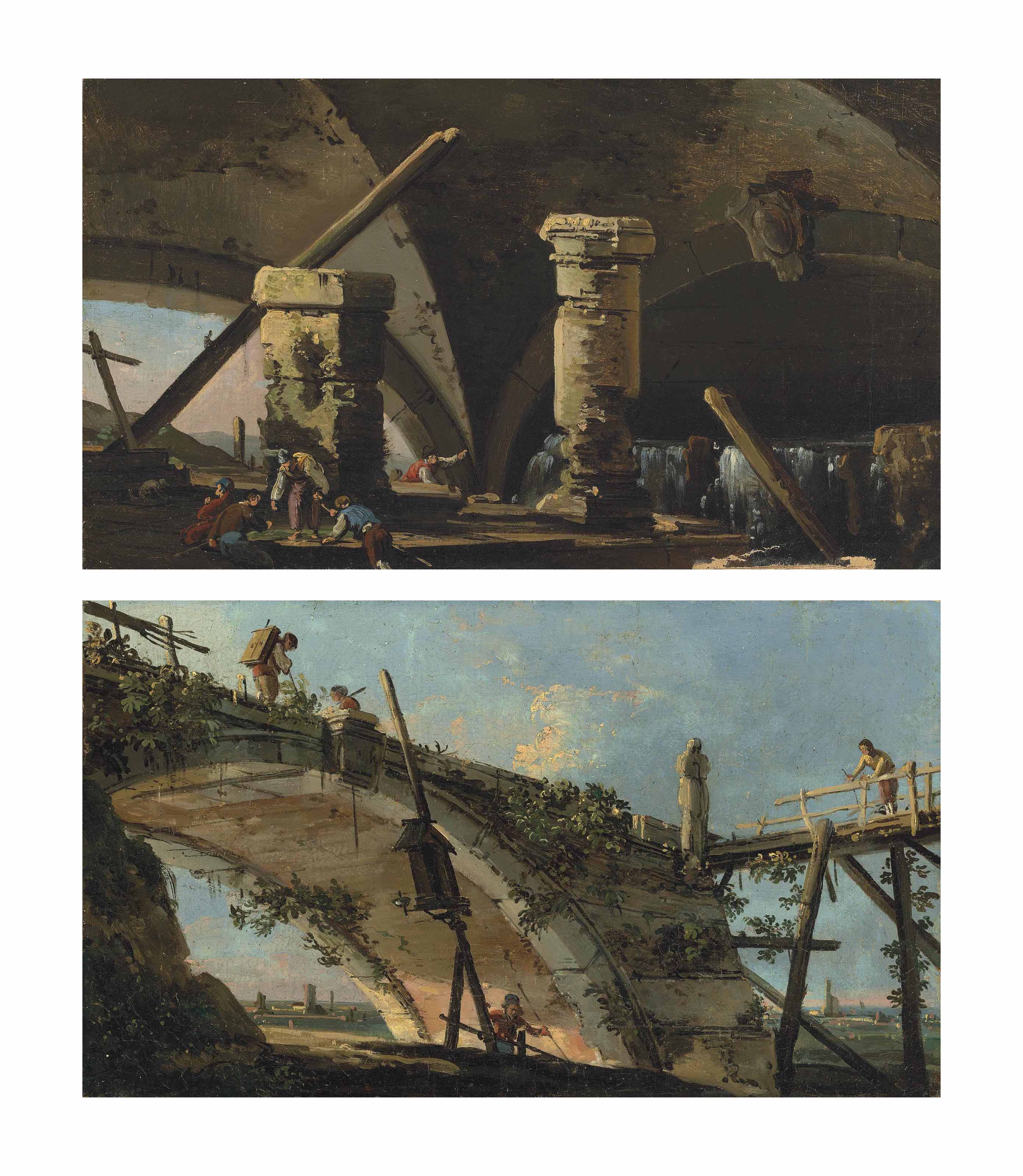 Canaletto — Каприччио с фигурами, сидящими под мостом, на фоне гор; и каприччио с путешественниками, пересекающими старый мост, на фоне обширного пейзажа