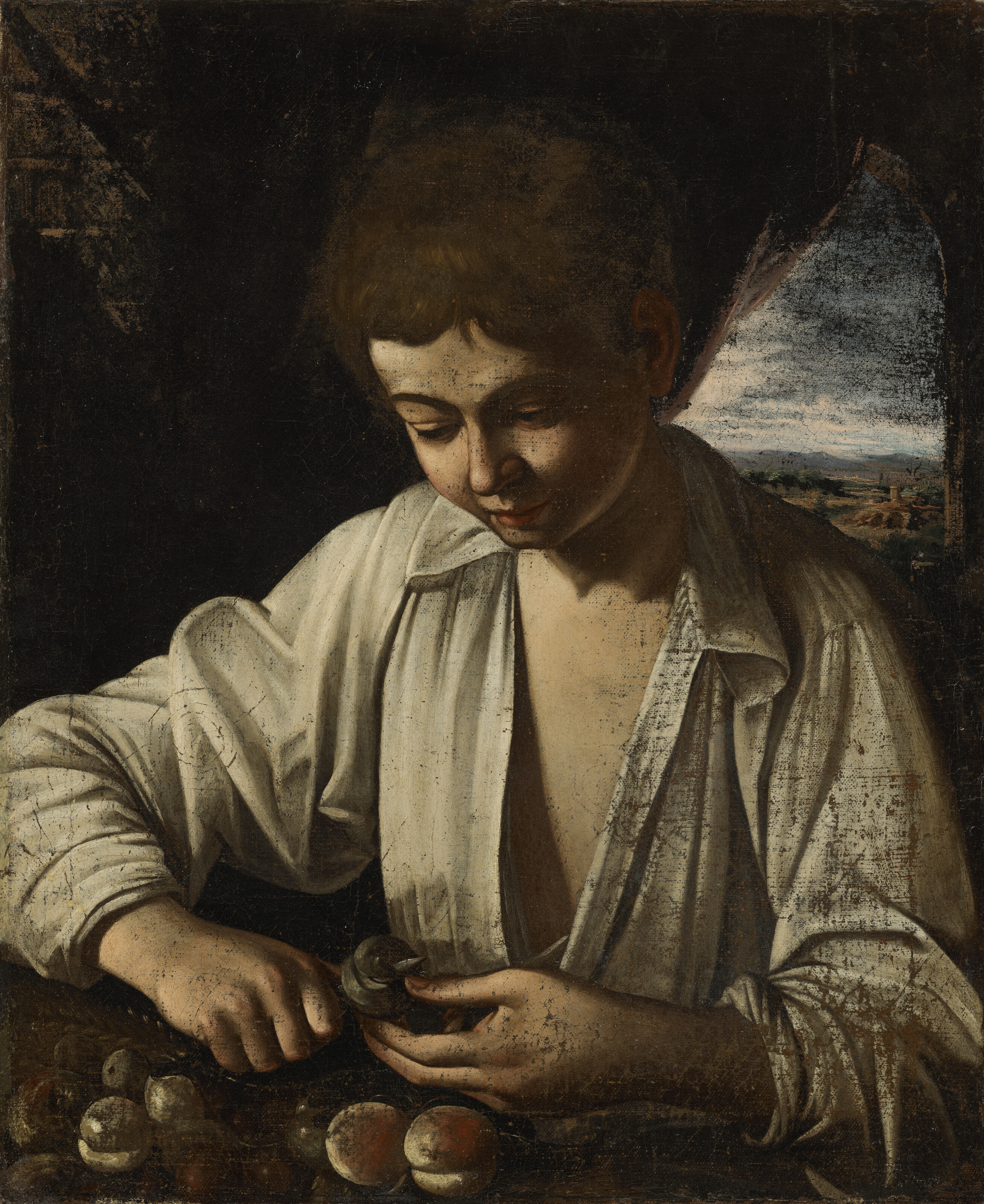 Caravaggio — Мальчик чистит фрукты перед окном, за которым открывается пейзаж, изображение 1