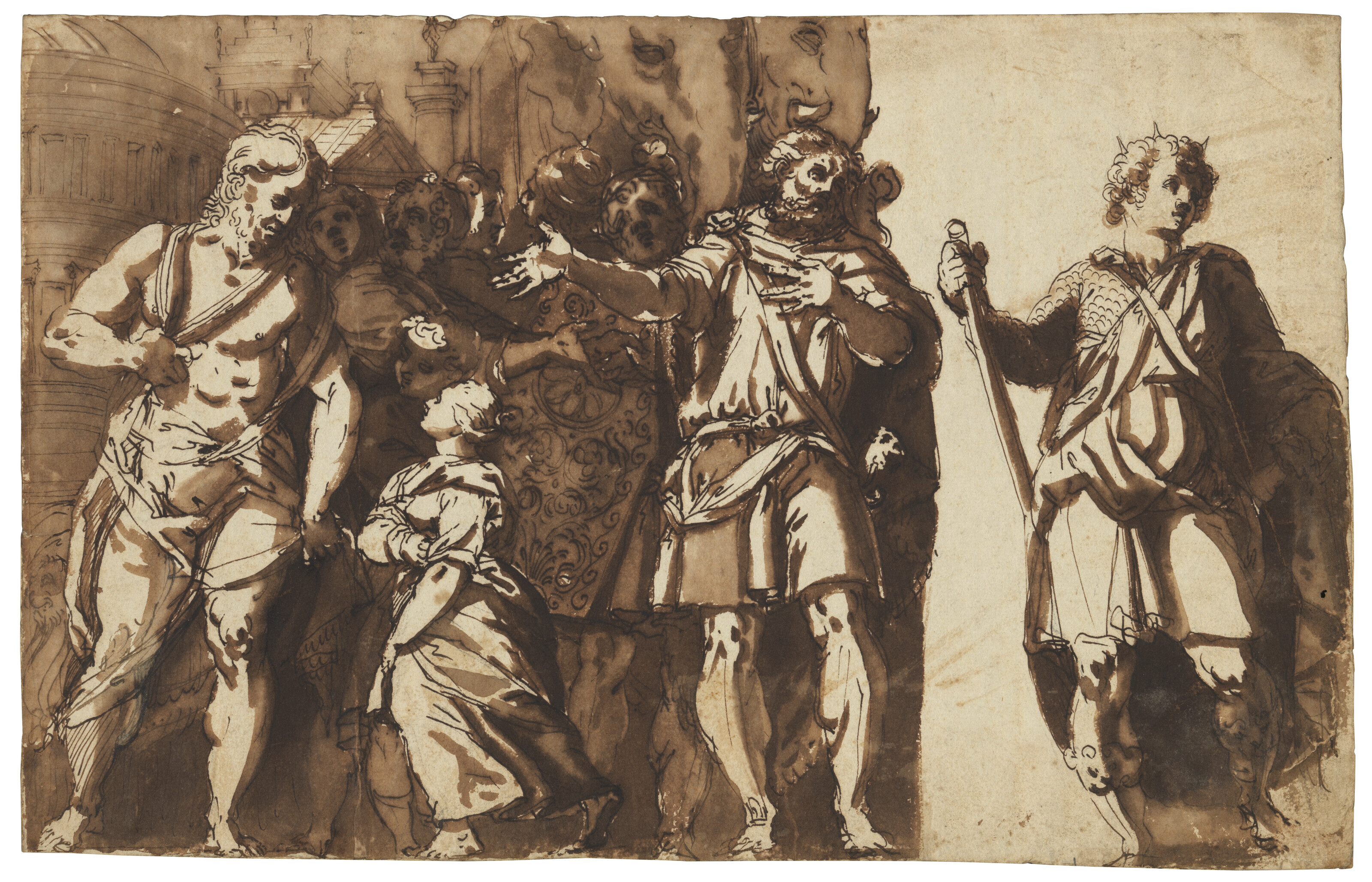 Caravaggio — Античная сцена с фигурами и стоящим ребенком и еще одной стоящей фигурой, держащей меч