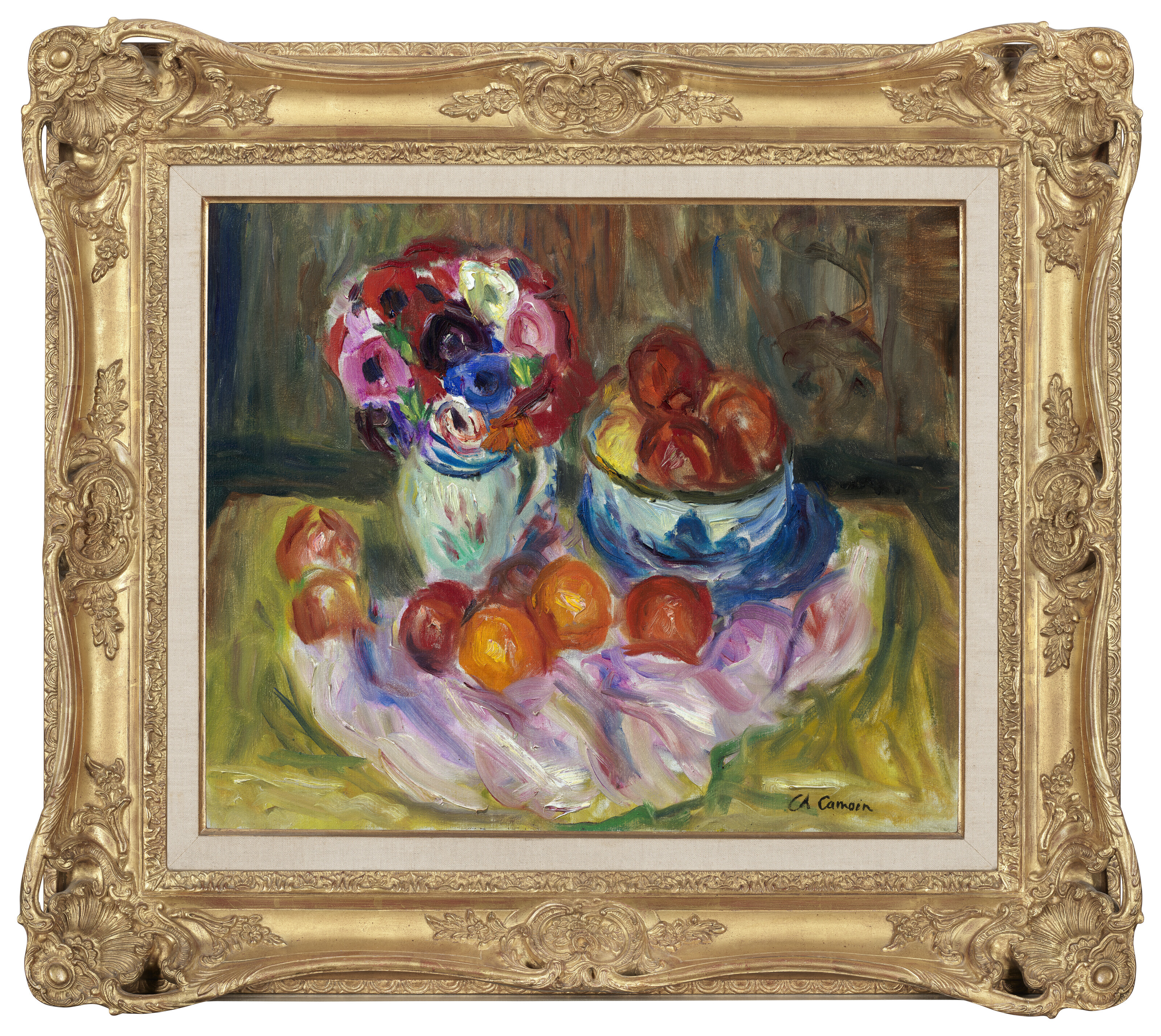 Charles Camoin — Ваза с цветами и голубым купэ с фруктами на белом фоне, изображение 2
