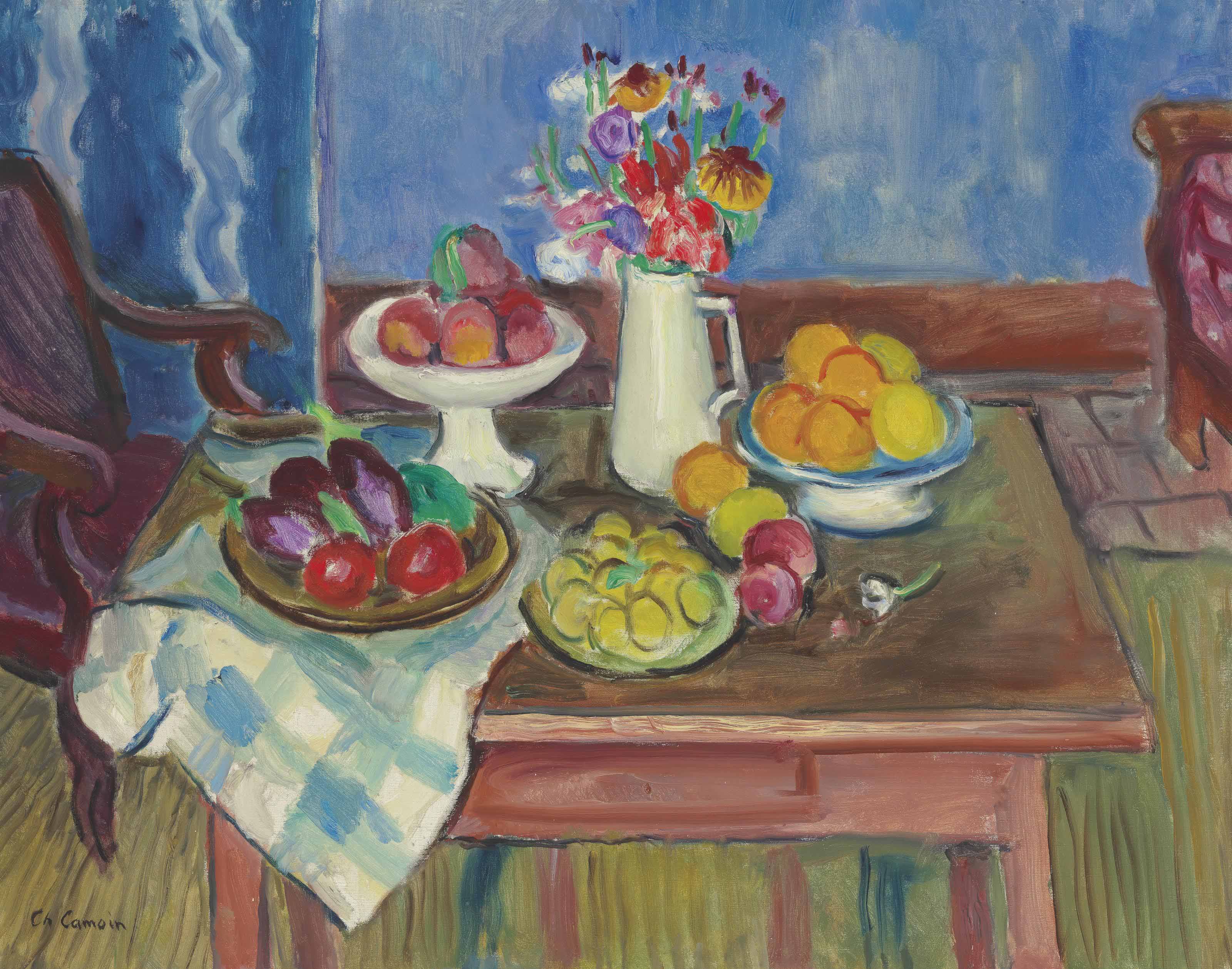 Charles Camoin — Морт природы в белом компотье, бланшет из цветов, ассорти из фруктов
