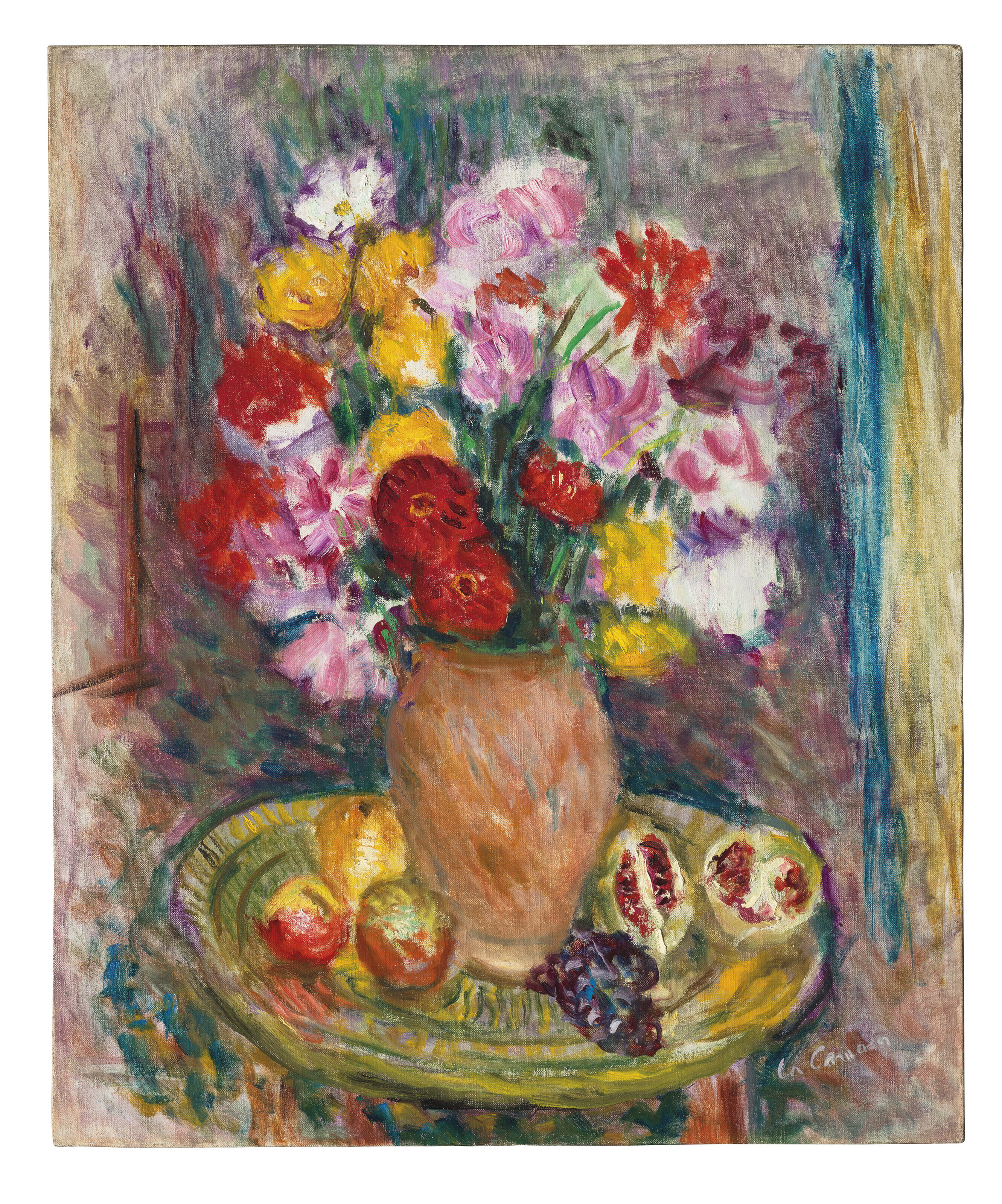 Charles Camoin — Цветочный горшок с розами и фруктами на плато, изображение 2