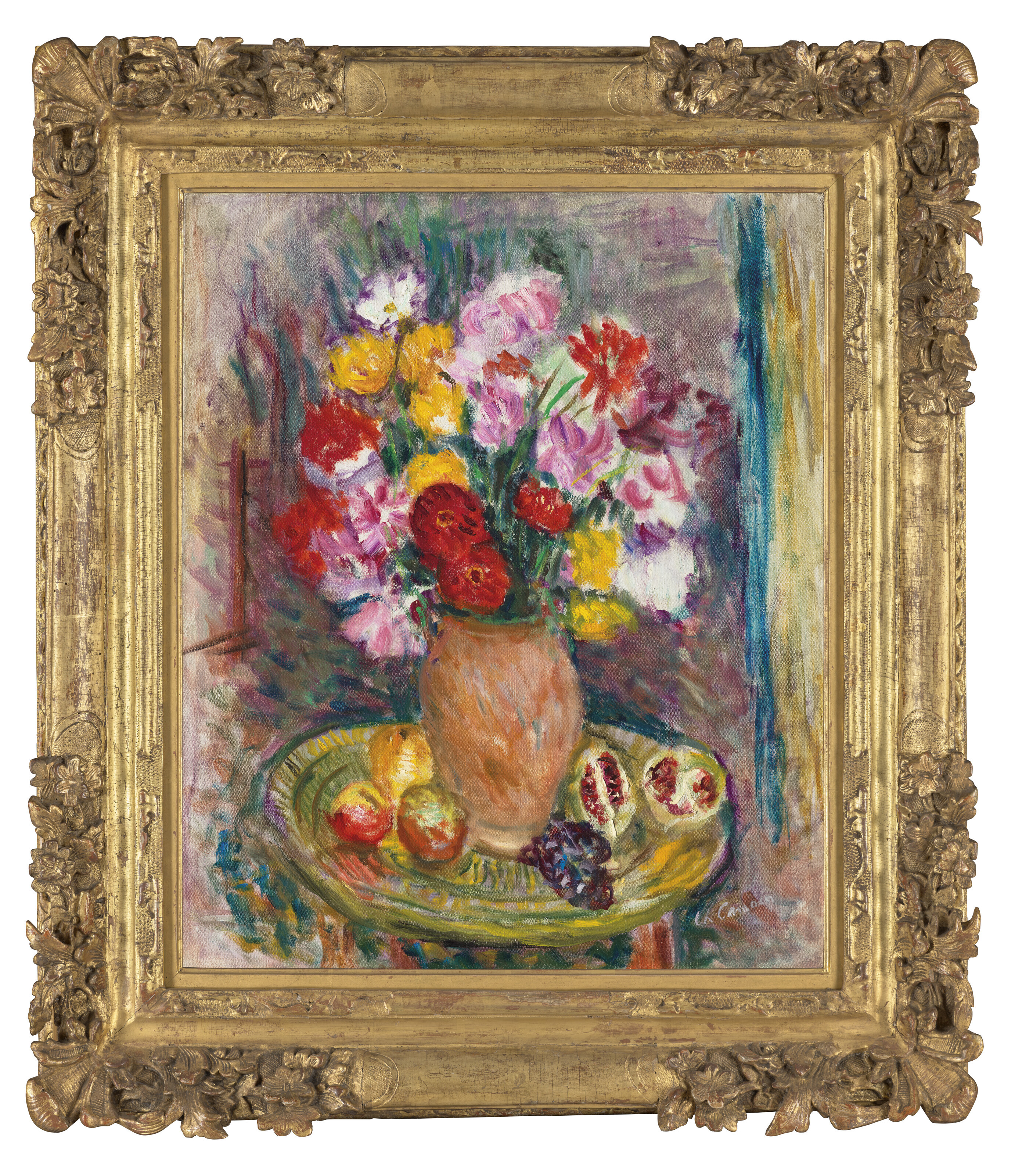 Charles Camoin — Цветочный горшок с розами и фруктами на плато, изображение 4