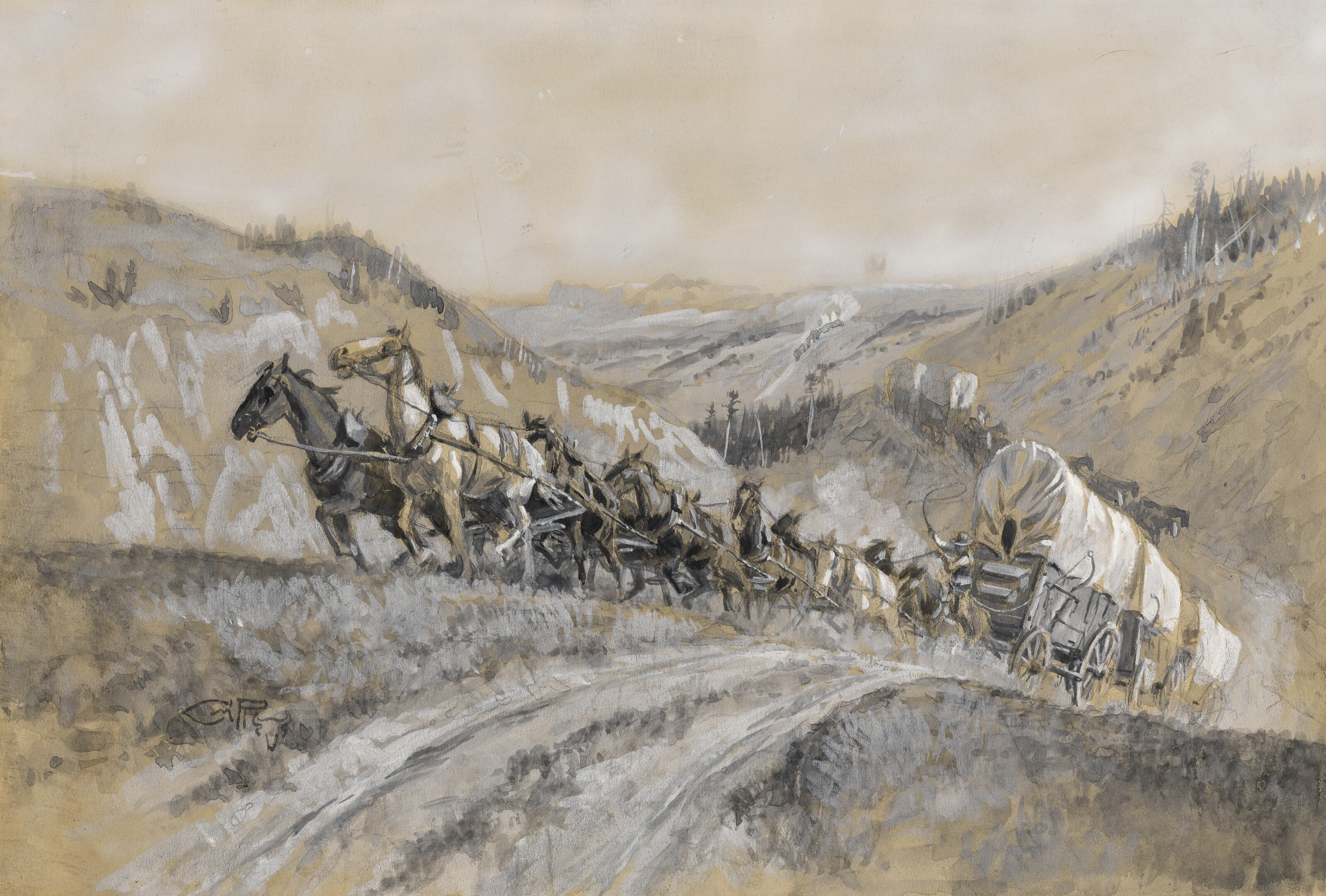 Charles Marion Russell — "Десять или двенадцать лошадей в фургоне вытягиваются в долгом мышечном напряжении"