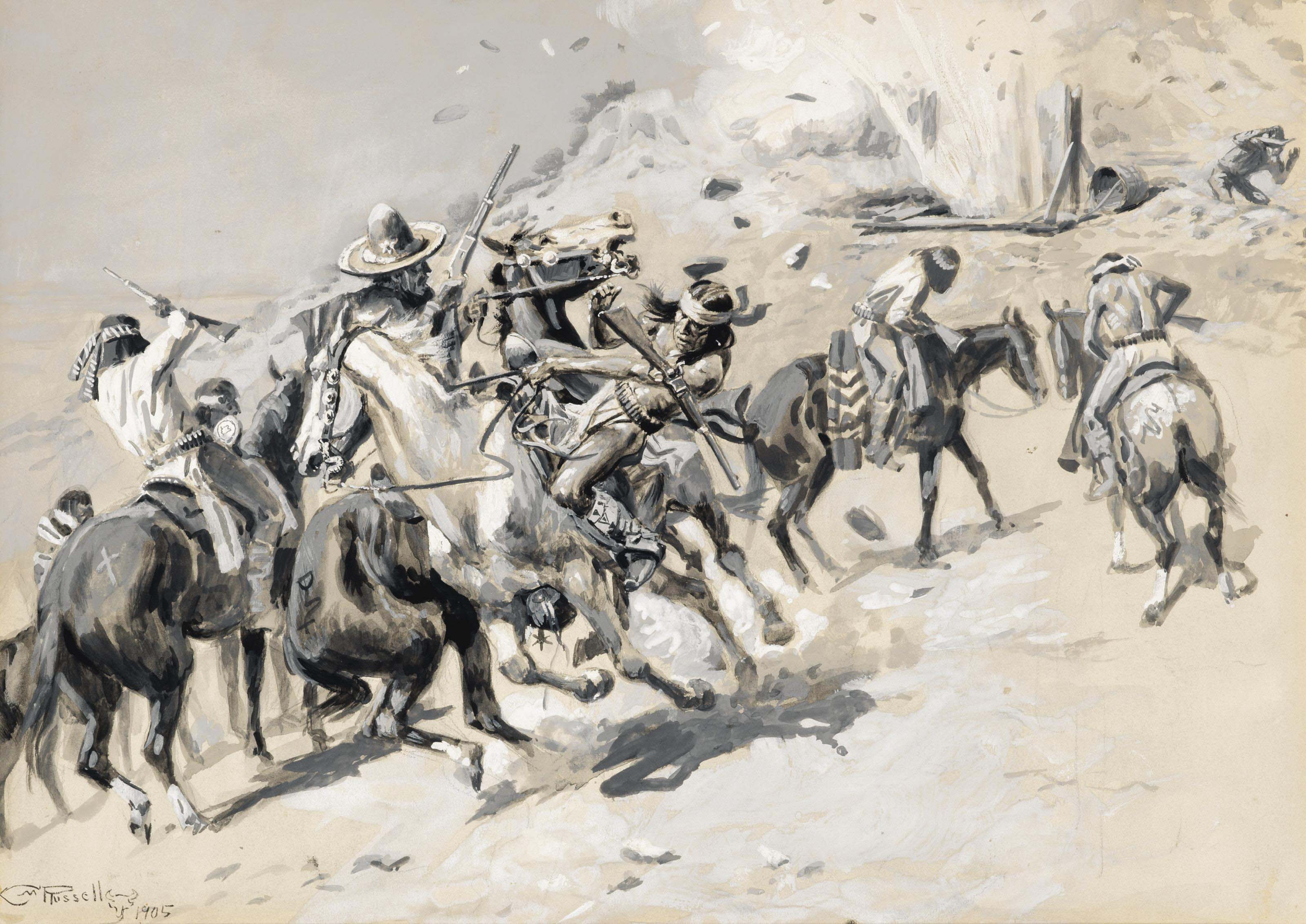 Charles Marion Russell — Динамит! "Из пасти вылетела масса камней, и они беспорядочно посыпались на пейзаж".